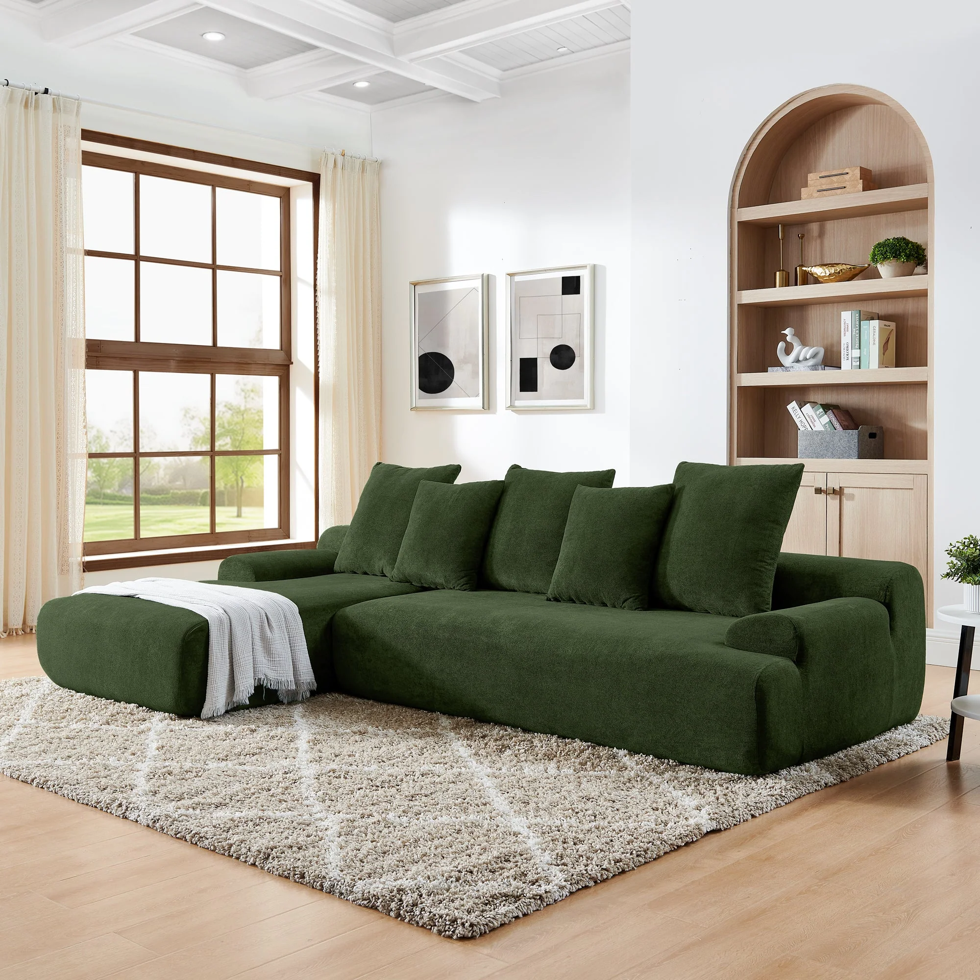 Upholstered L-Shape Sectional Sofa Couch - Melange Velvet, Green - Image 3