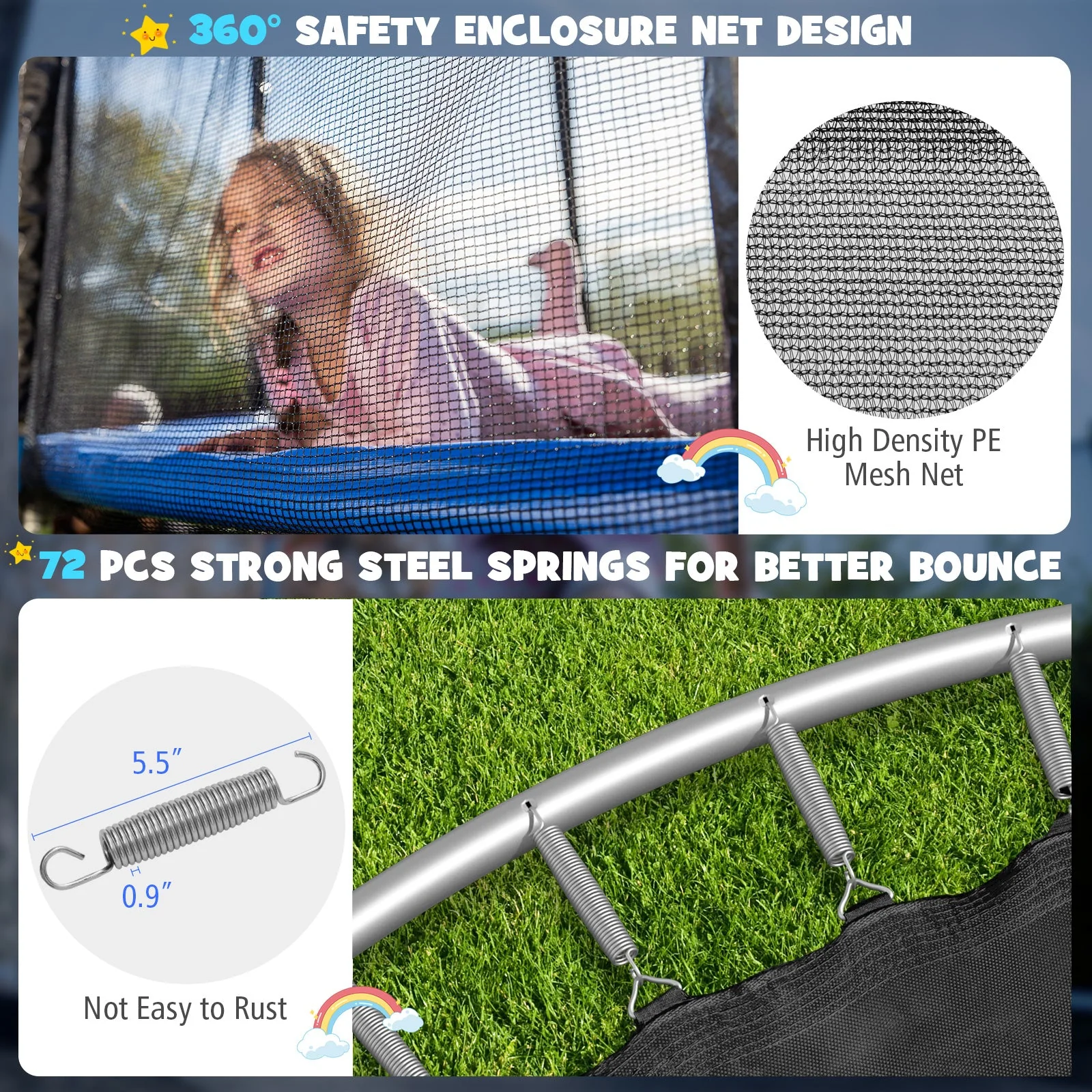 12/14/15/16 Feet Outdoor Recreational Trampoline with Enclosure Net-12 ft - Image 3