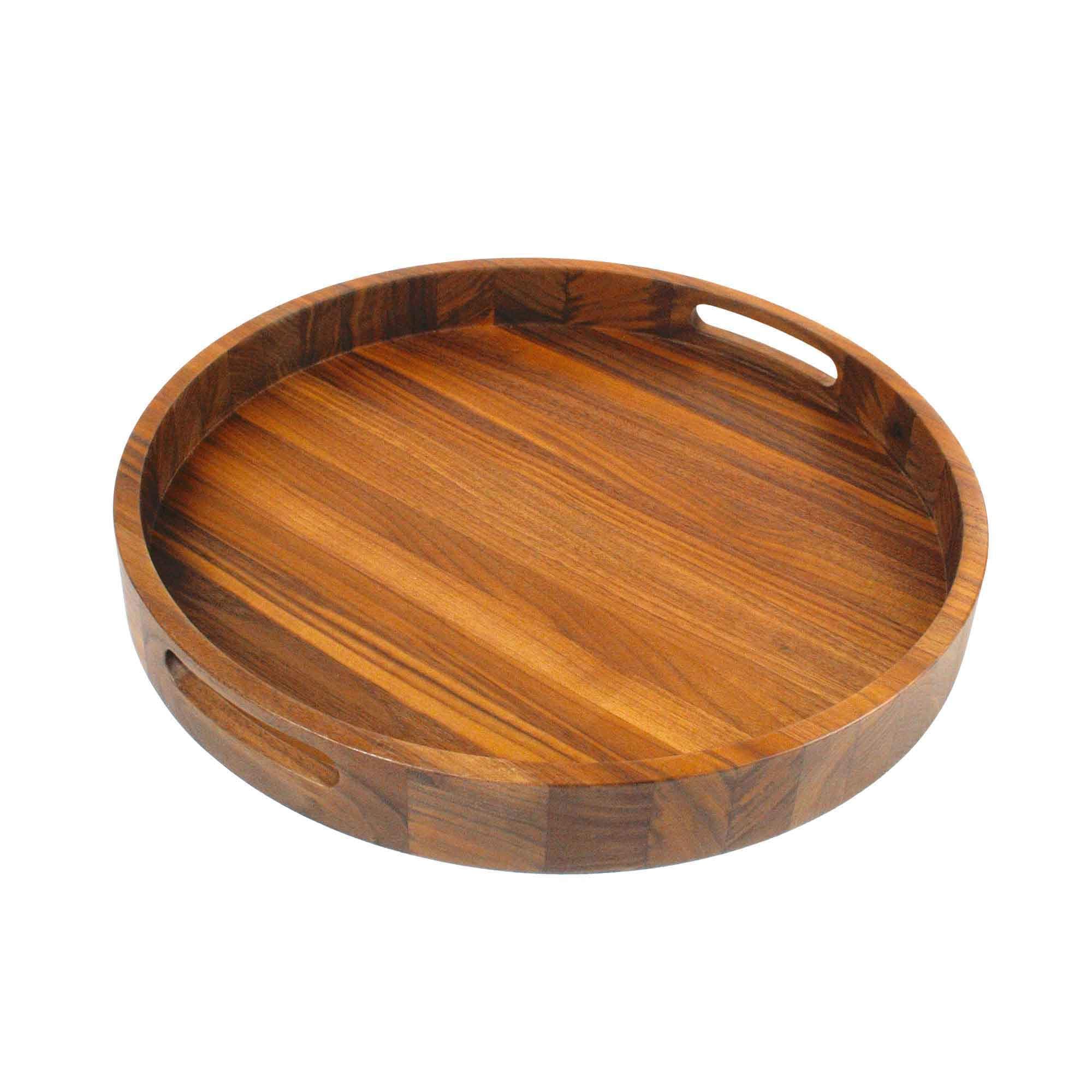 Round Walnut Wood Serving and Coffee Table Tray with Handles - Image 2