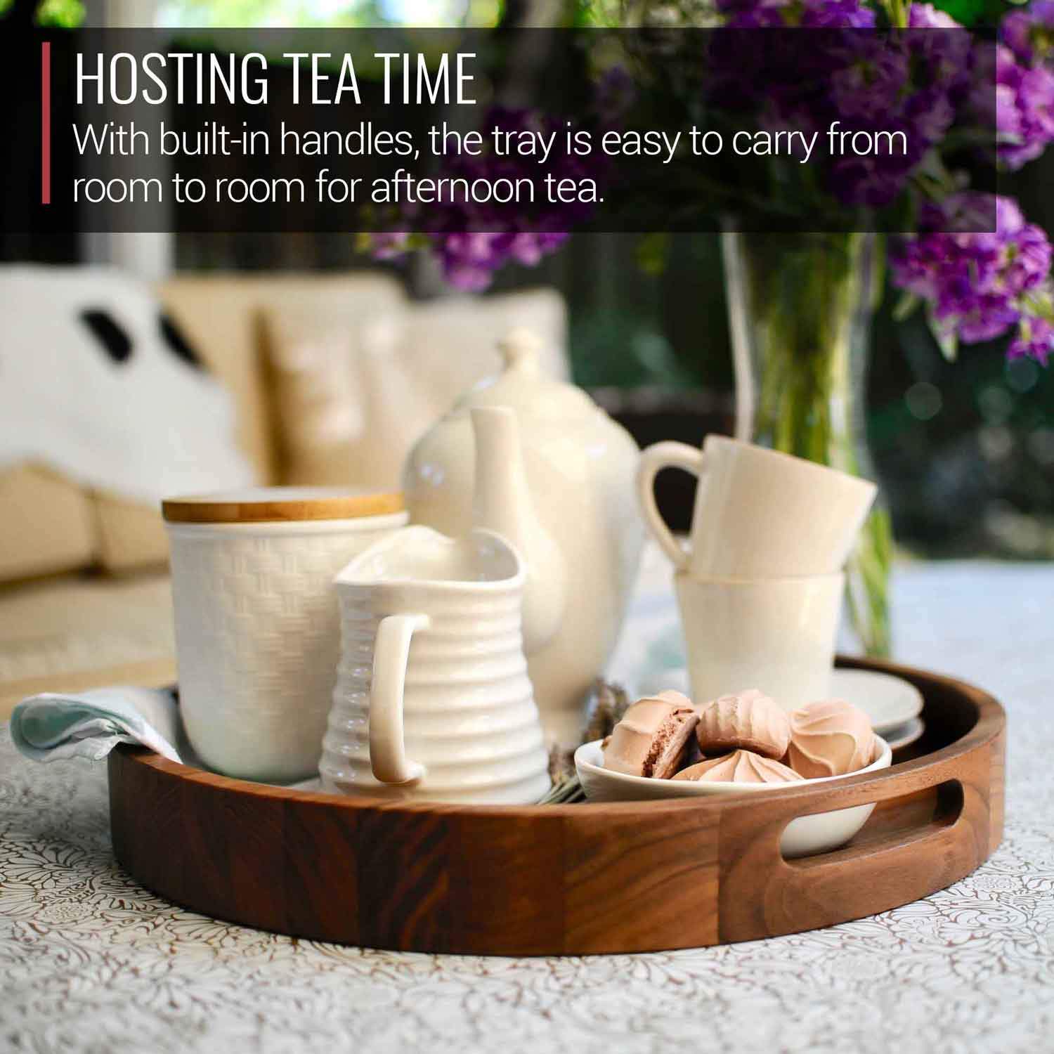 Round Walnut Wood Serving and Coffee Table Tray with Handles - Image 7