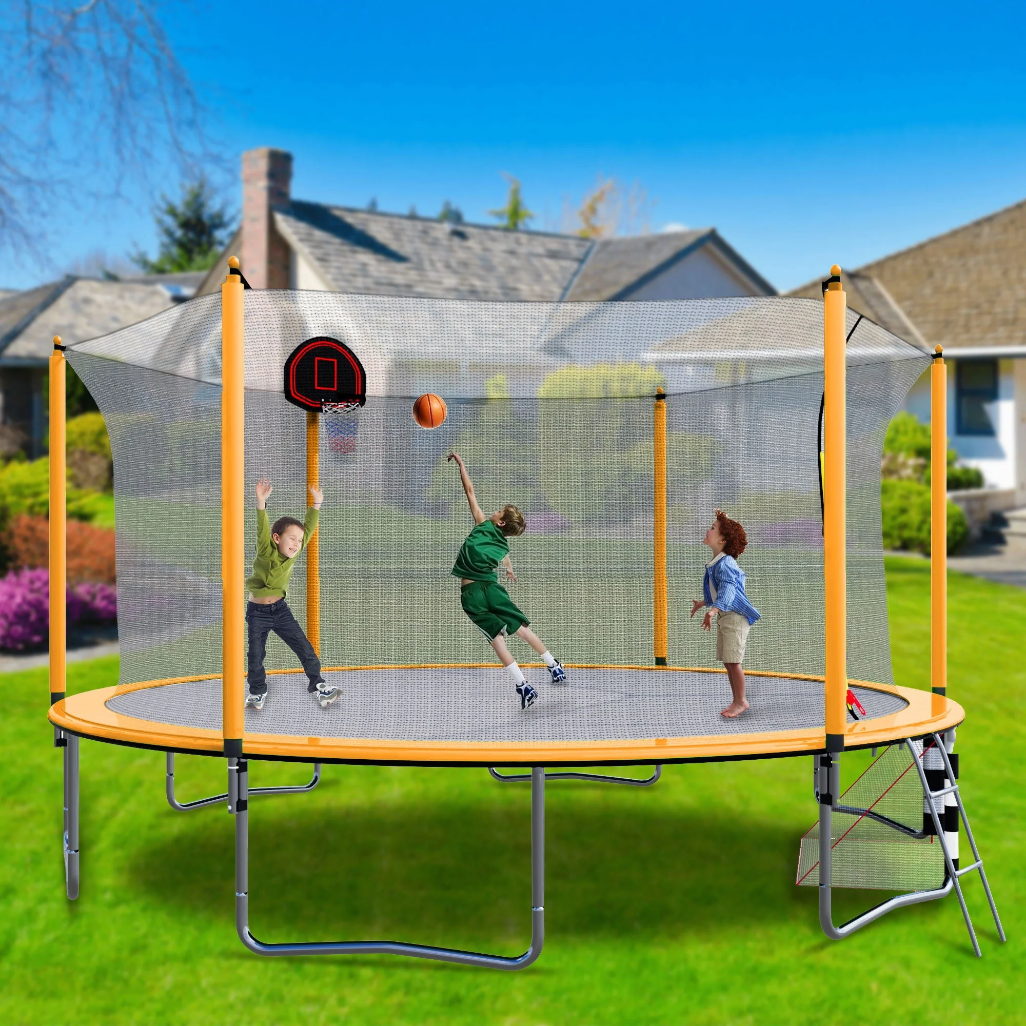16Ft Trampoline With Basketball Hoop Pump, Ladder and Soccer Goal - Image 9