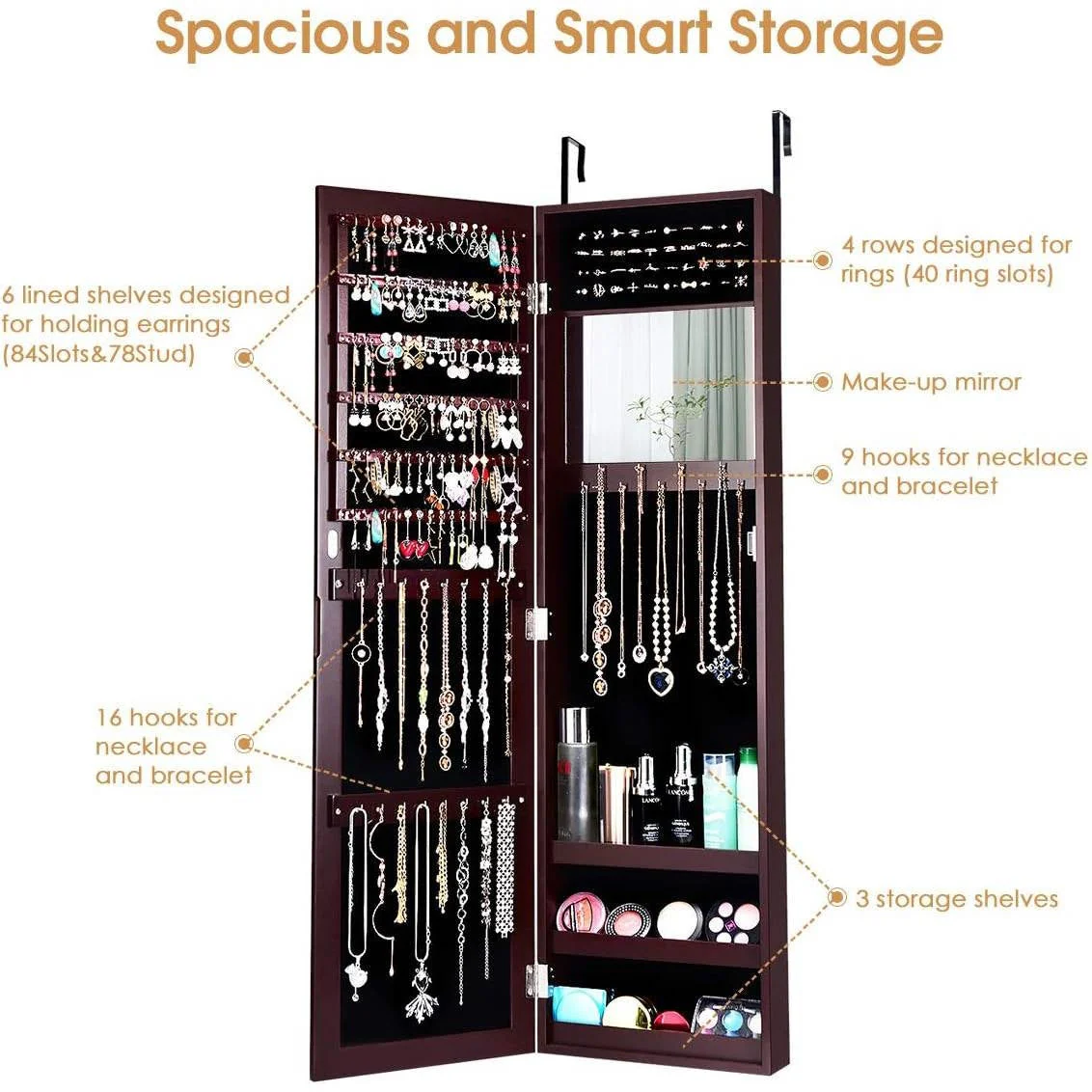 2-in-1 Dark Brown Wall or Door Mounted Jewelry Organizer - Image 4
