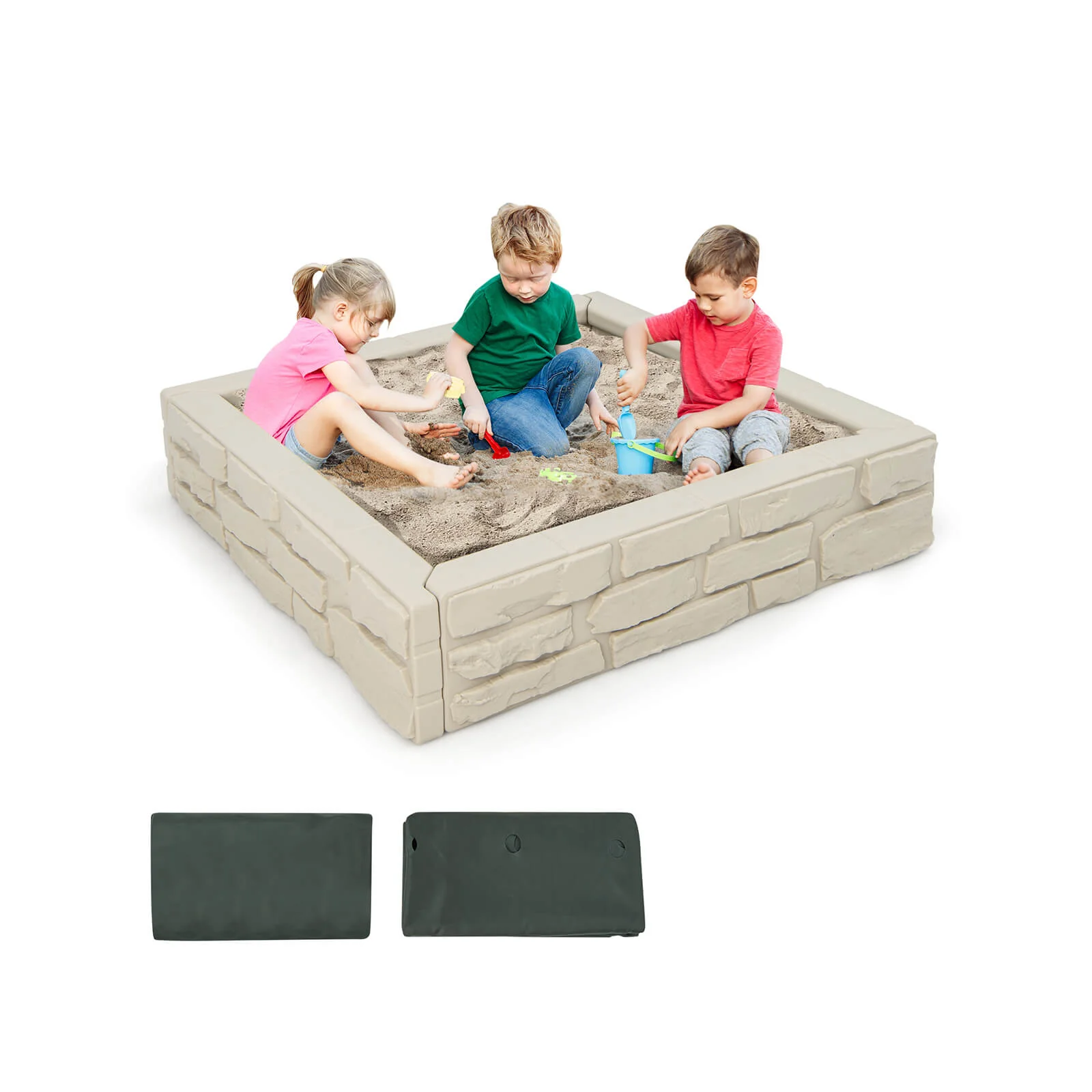2-In-1 HDPE Kids Sandbox with Cover and Bottom Liner-White - Image 4