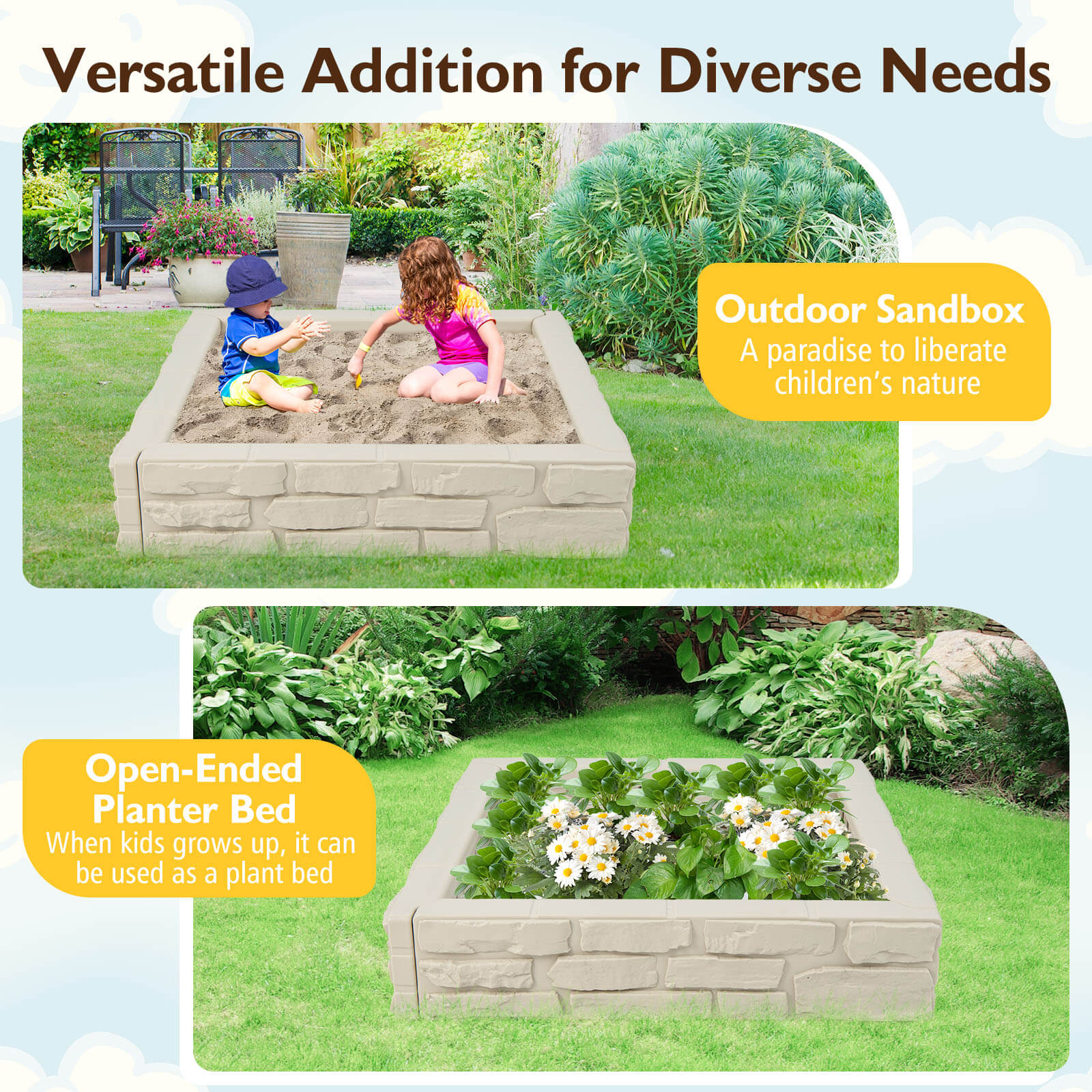 2-In-1 HDPE Kids Sandbox with Cover and Bottom Liner-White - Image 7