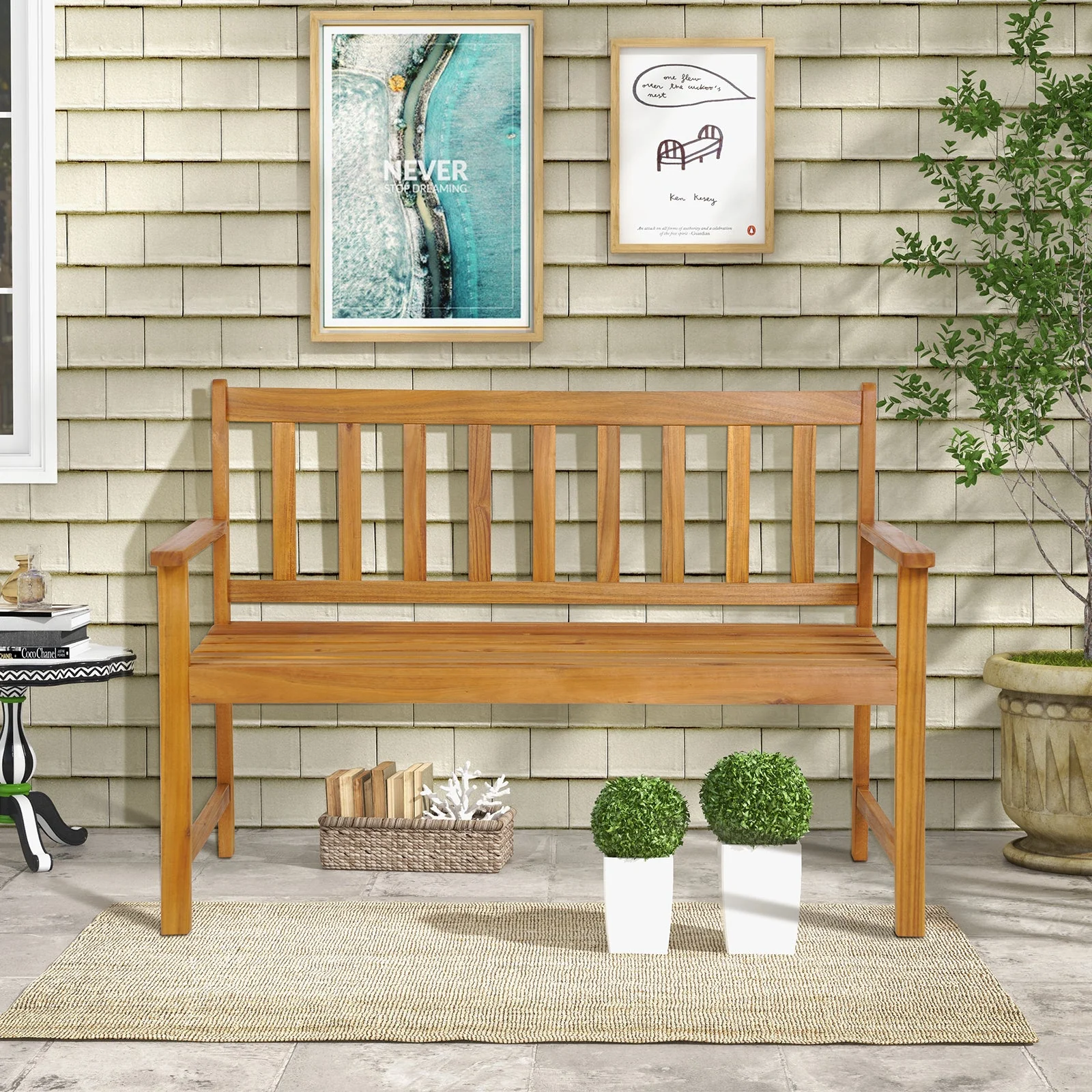 2-Person Outdoor Acacia Wood Bench with Backrest - Image 2