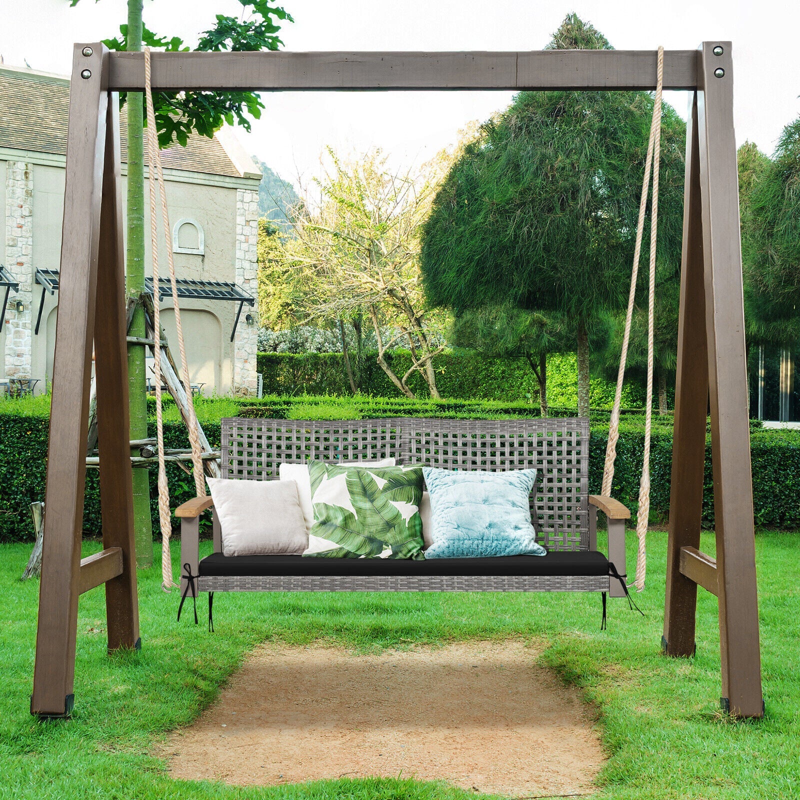 2-Person Patio Wicker Hanging Swing Chair - Black - Image 2