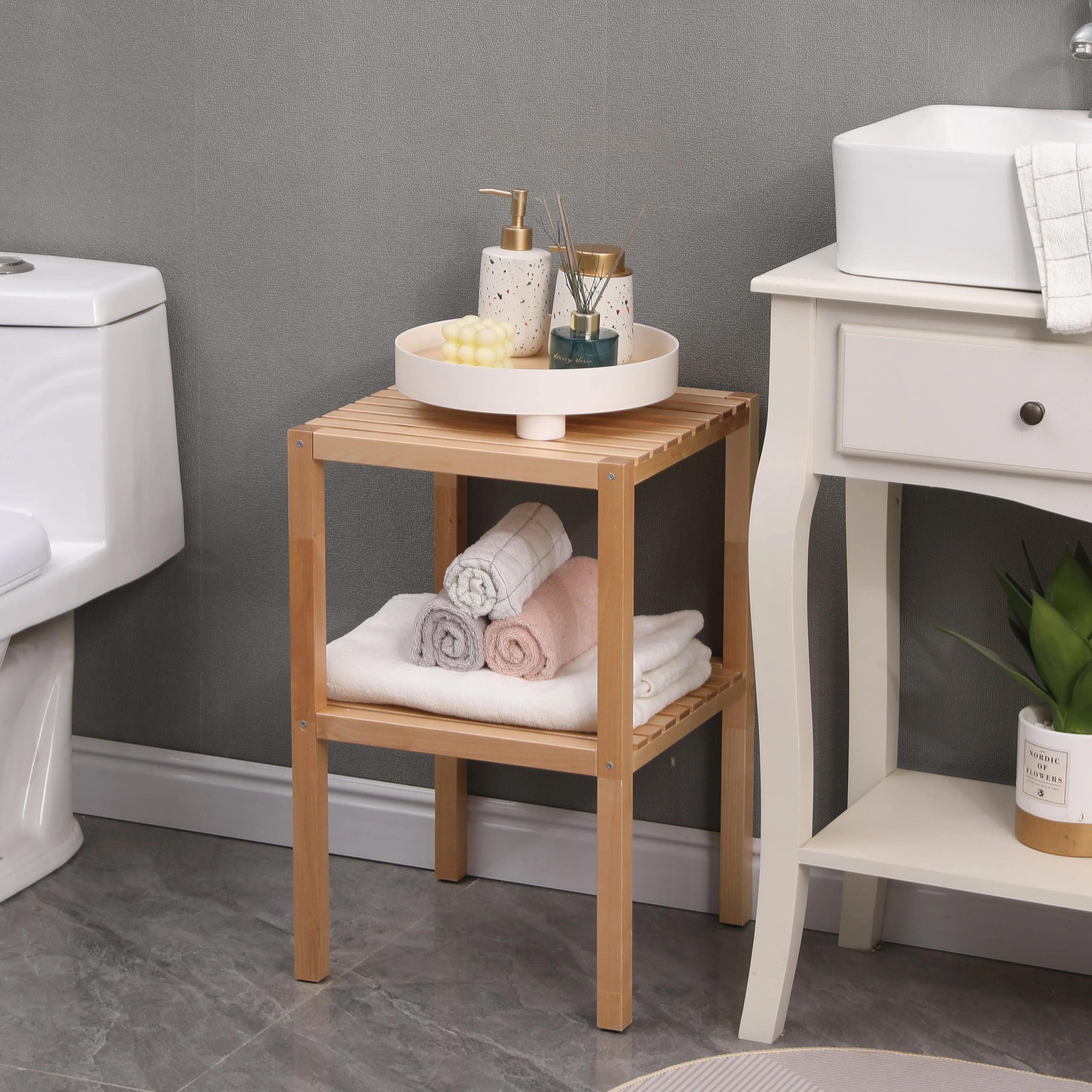 2-Tier Birch Bathroom Shelf, Multifunctional Storage Rack - Image 4