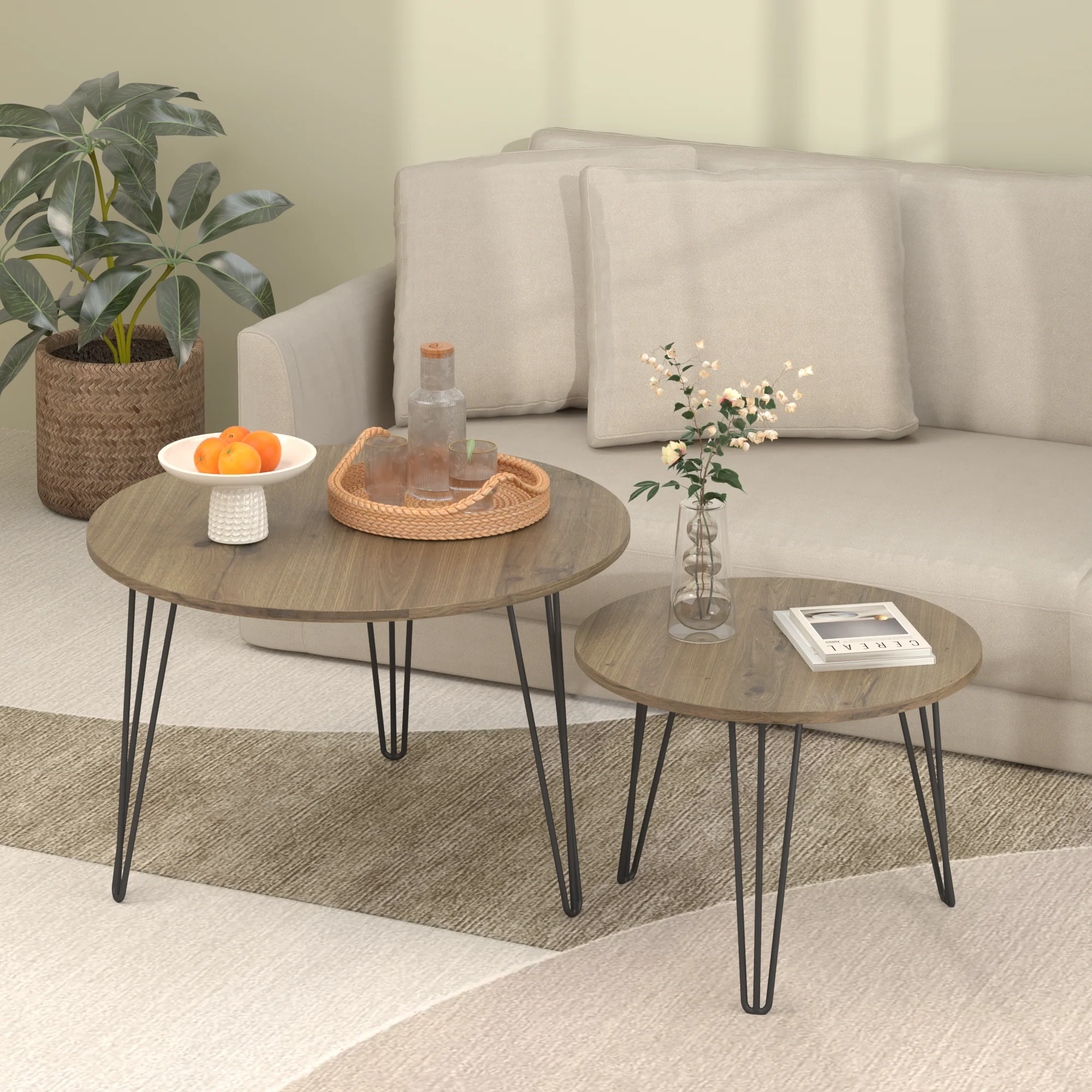 27.56'' Round Nesting Coffee Table Set of 2, End Table Set, Brown - Image 3