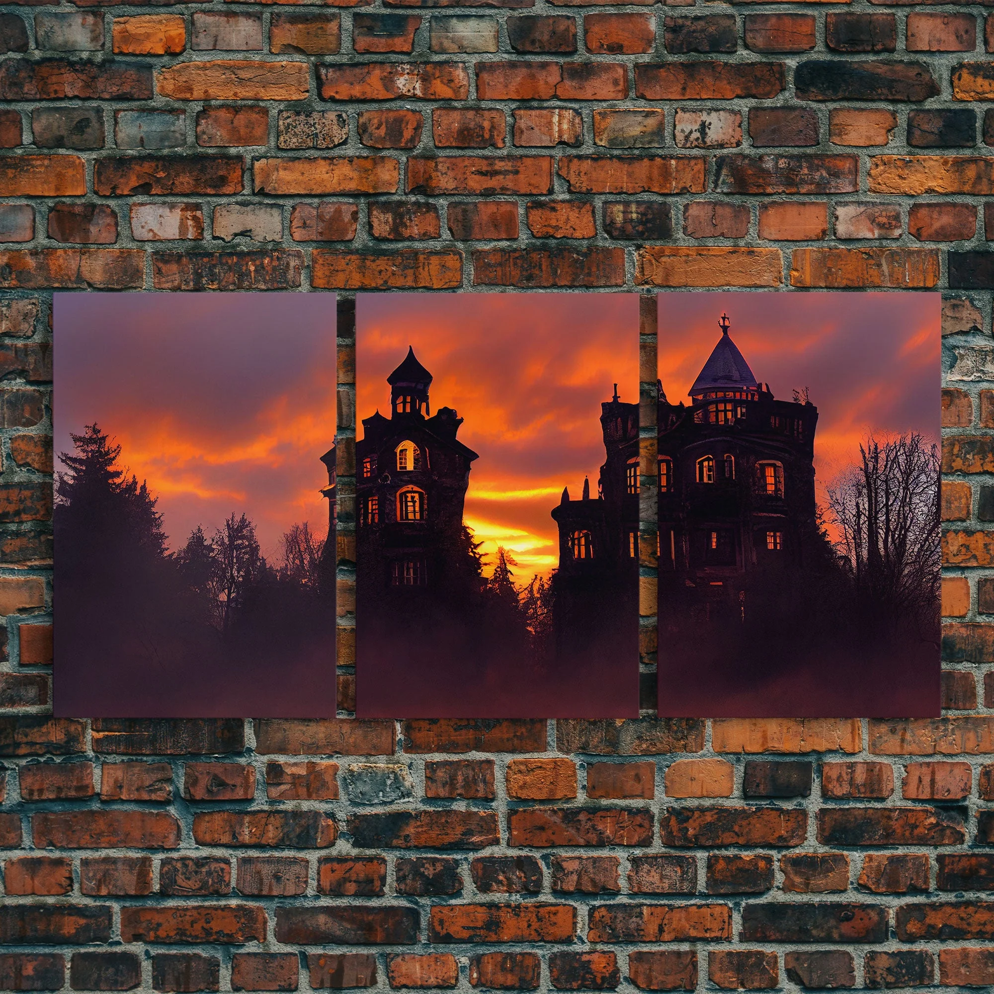 3 Piece Canvas Wall Decor, Victorian Style Haunted House - Image 5