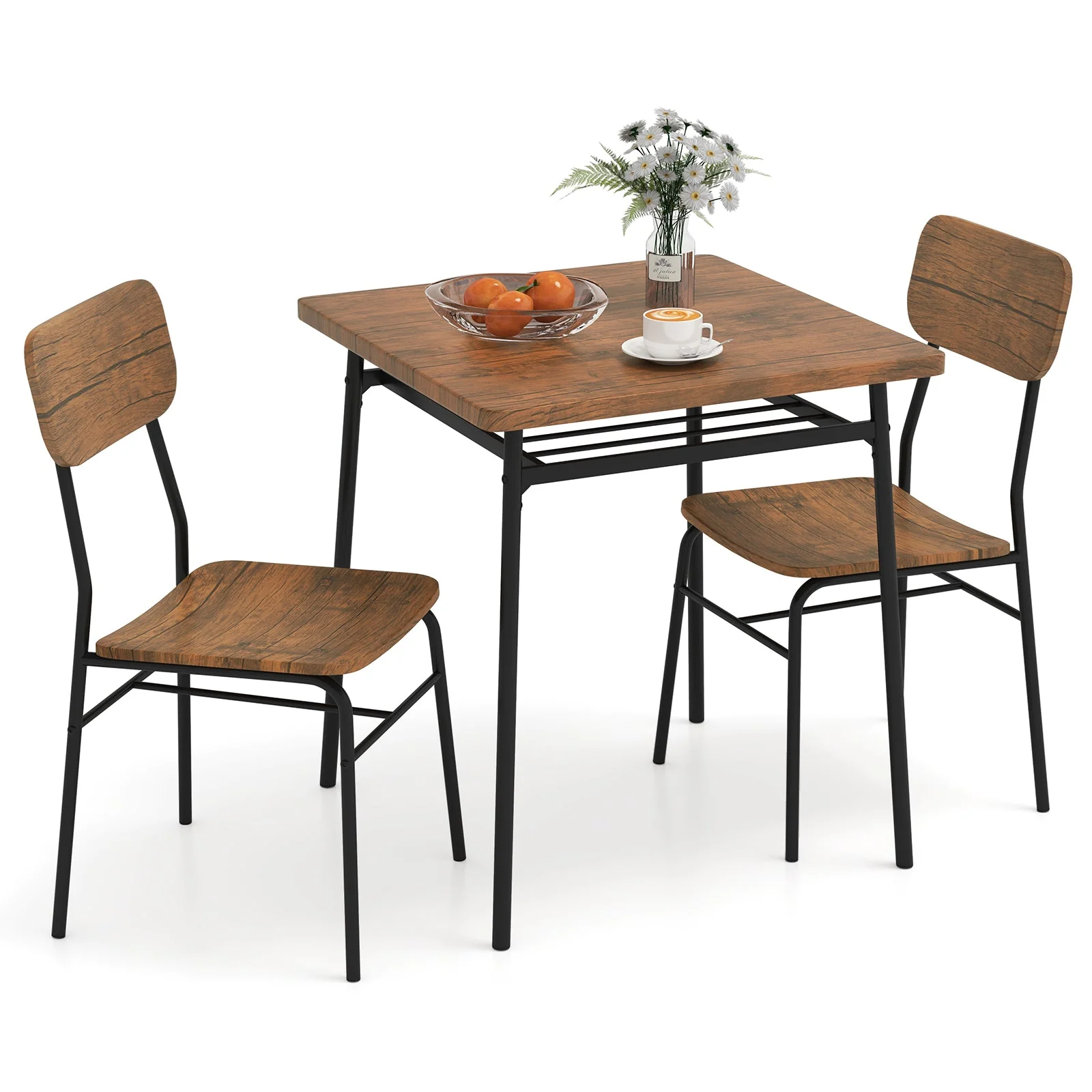 3 Piece Dining Table Set for 2 with Metal Frame - Brown - Image 3