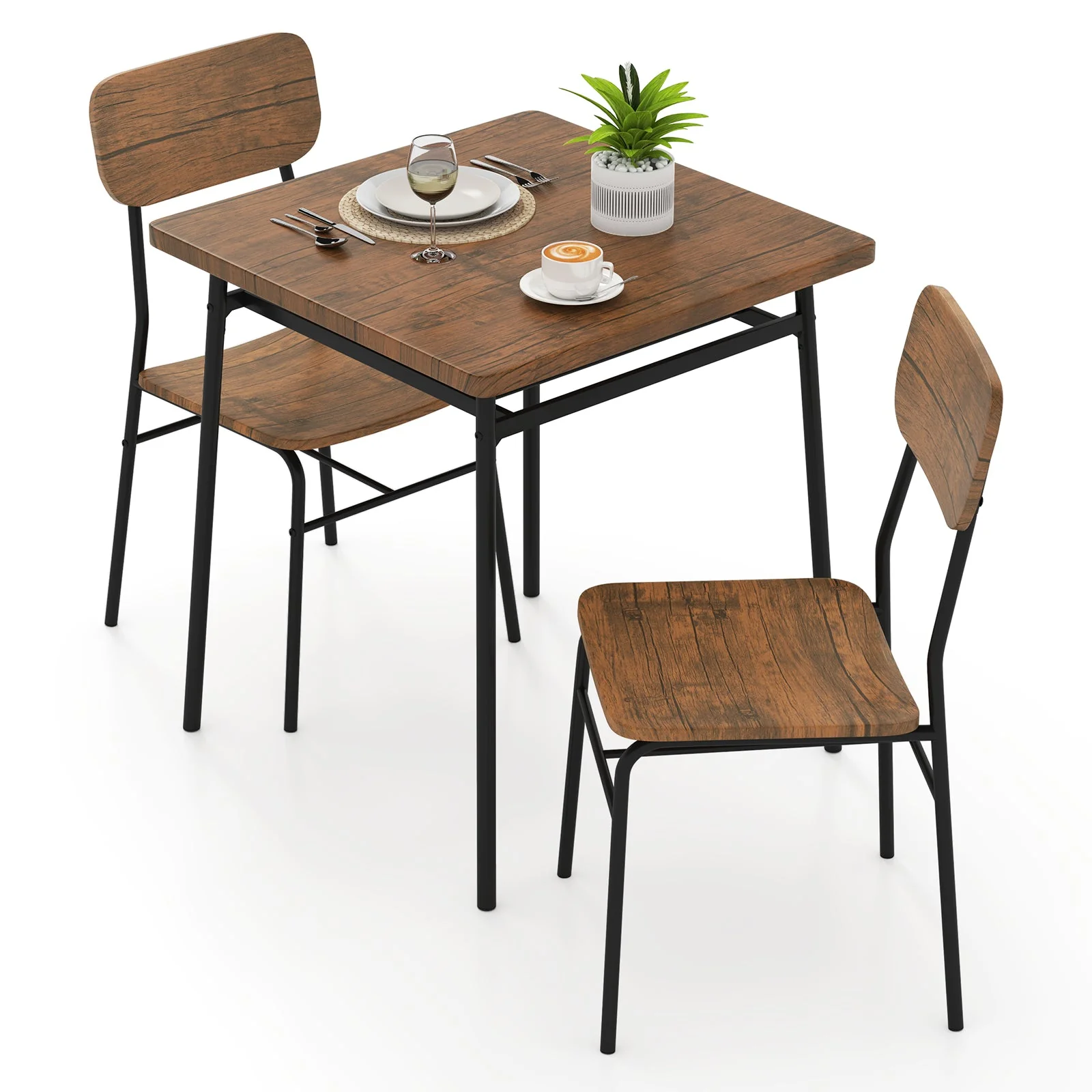 3 Piece Dining Table Set for 2 with Metal Frame - Brown - Image 4