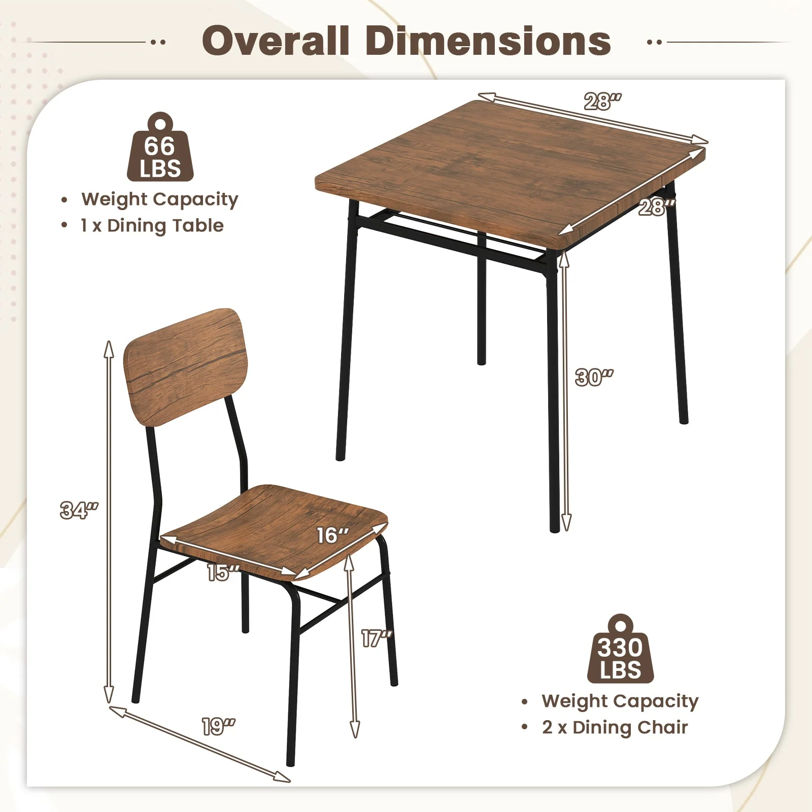 3 Piece Dining Table Set for 2 with Metal Frame - Brown - Image 5