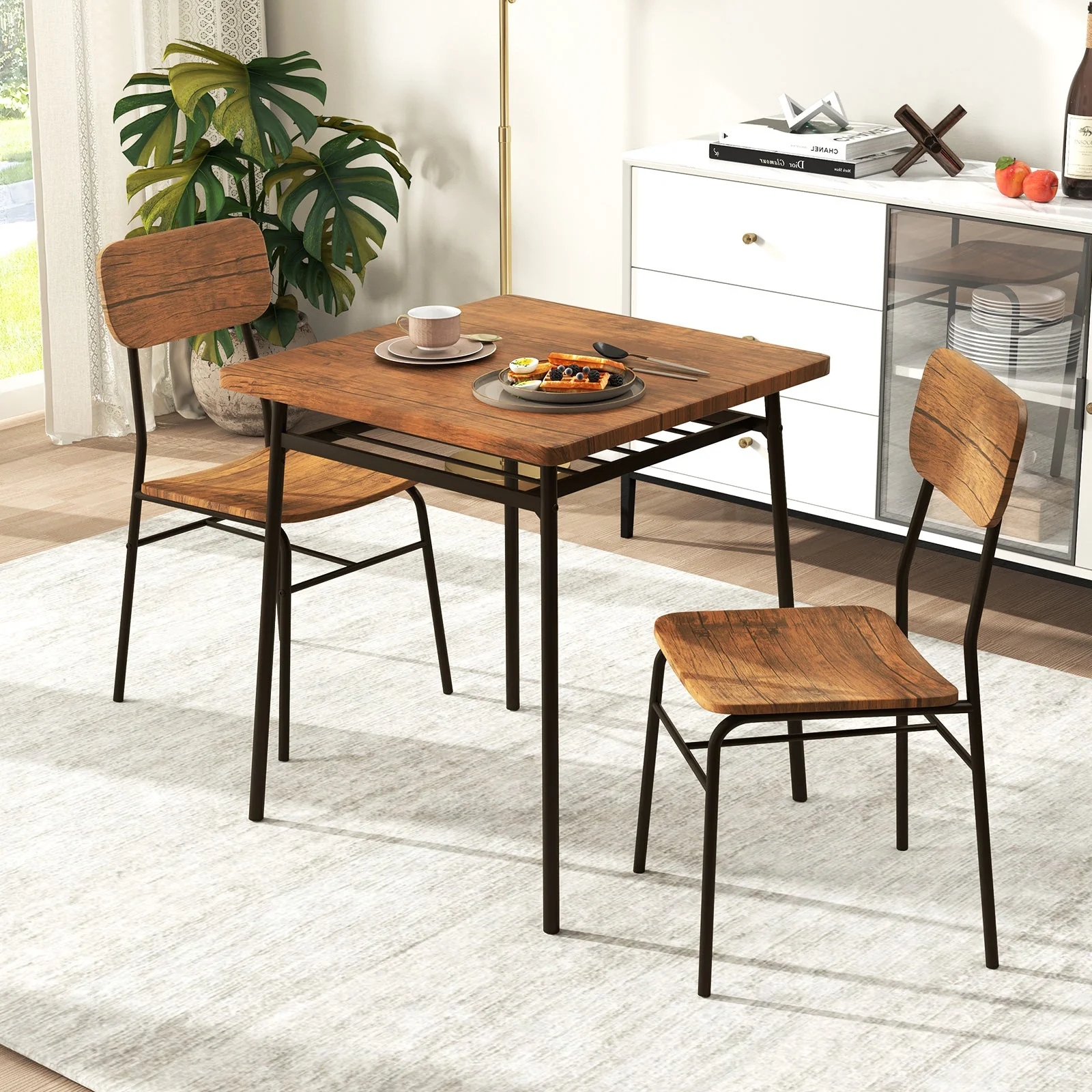 3 Piece Dining Table Set for 2 with Metal Frame - Brown - Image 6