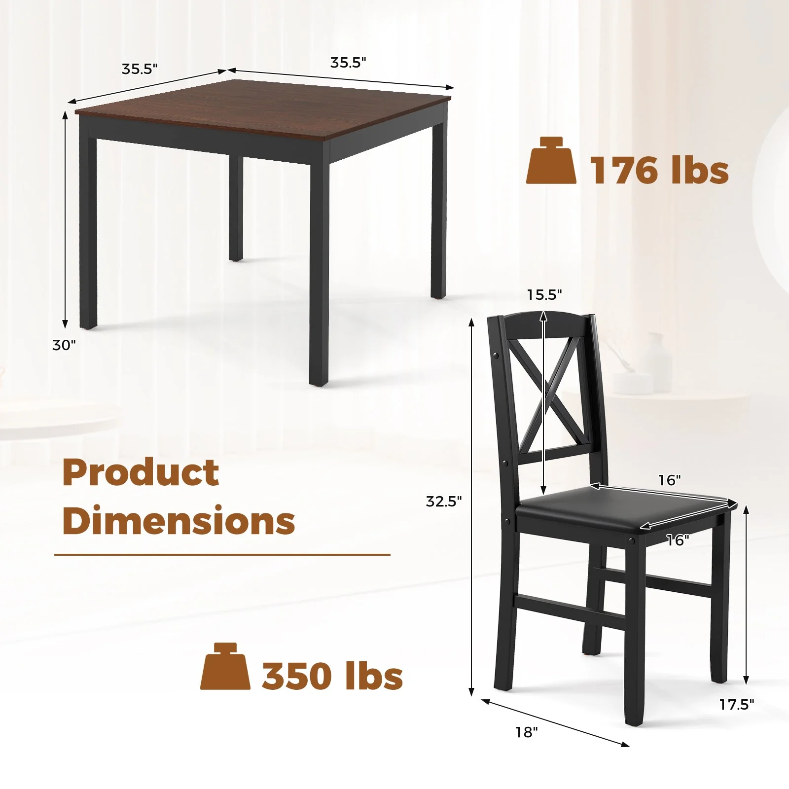 3-Piece Dining Table Set for 2 People - Brown - Image 5