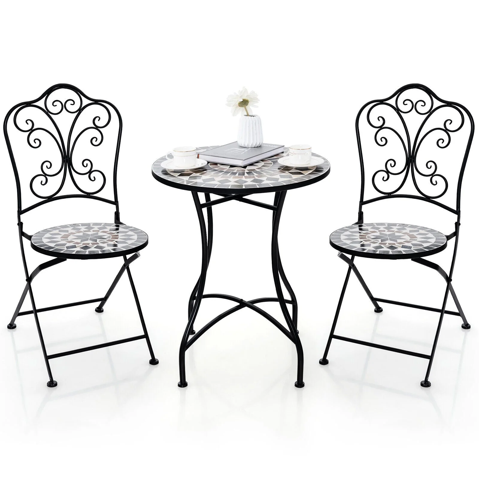 3 Piece Patio Bistro Set with Round Table and 2 Folding Chairs - Image 3