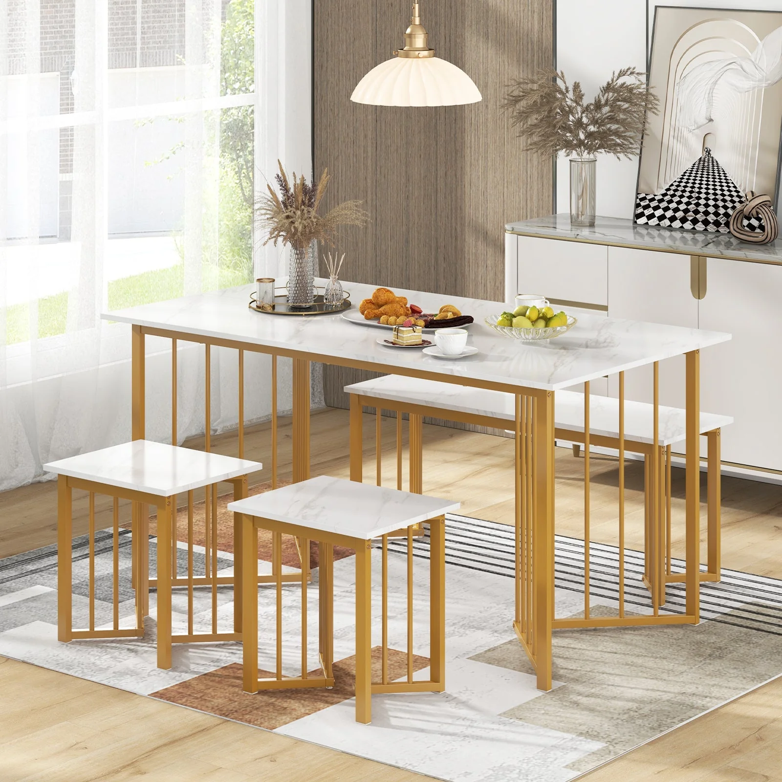 4 Piece Dining Table Set with Bench and 2 Stools - White