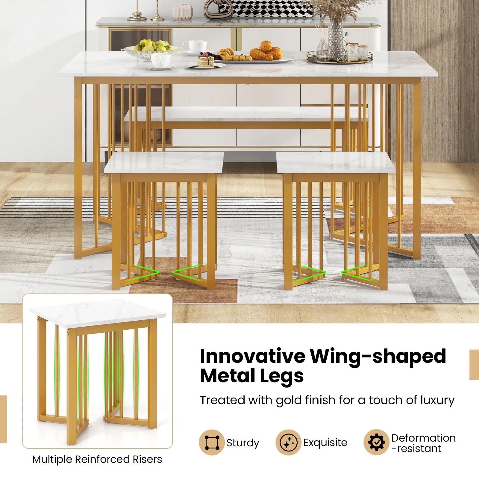 4 Piece Dining Table Set with Bench and 2 Stools - White - Image 8