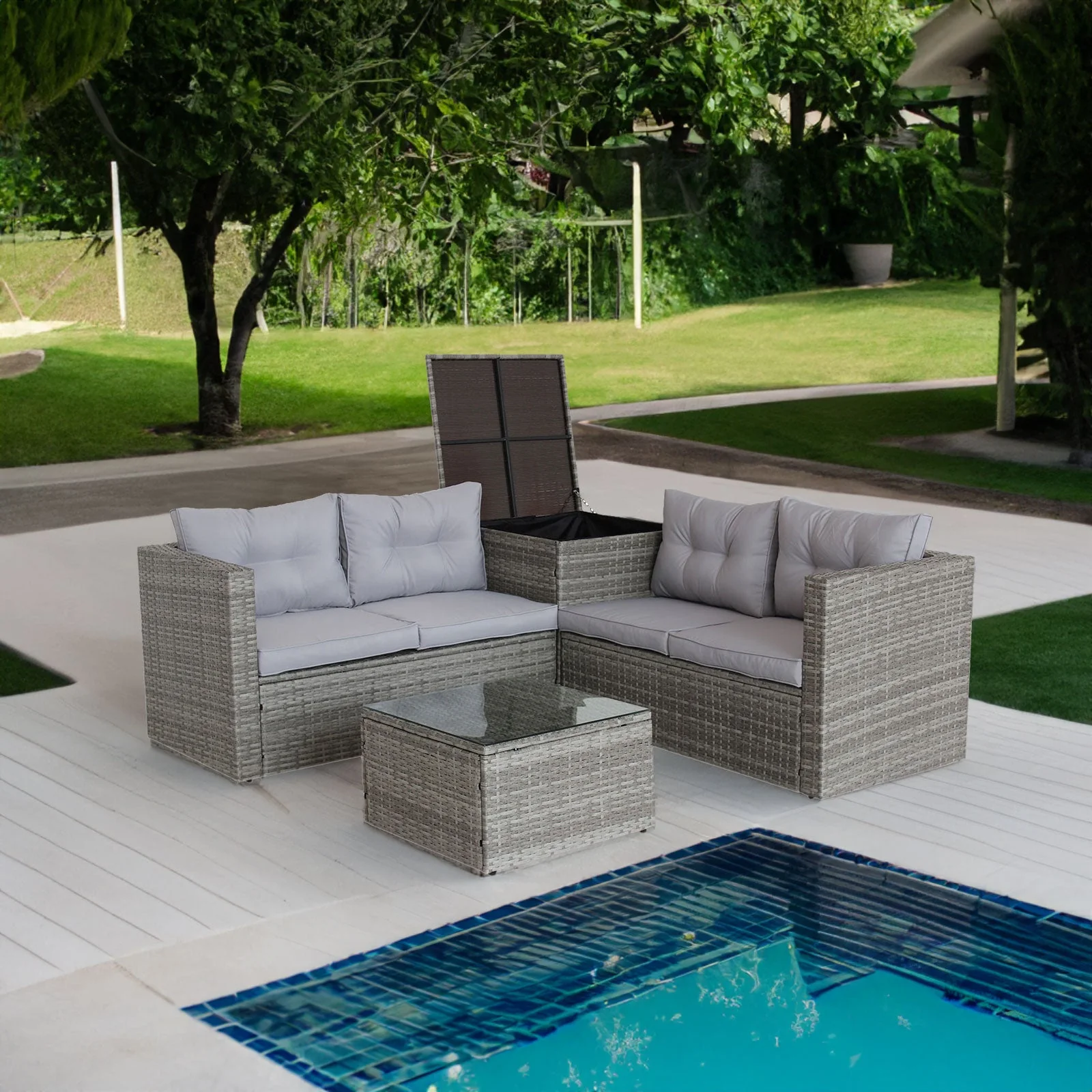 4 Piece Patio Sectional Sofa Set with Storage Box - Grey