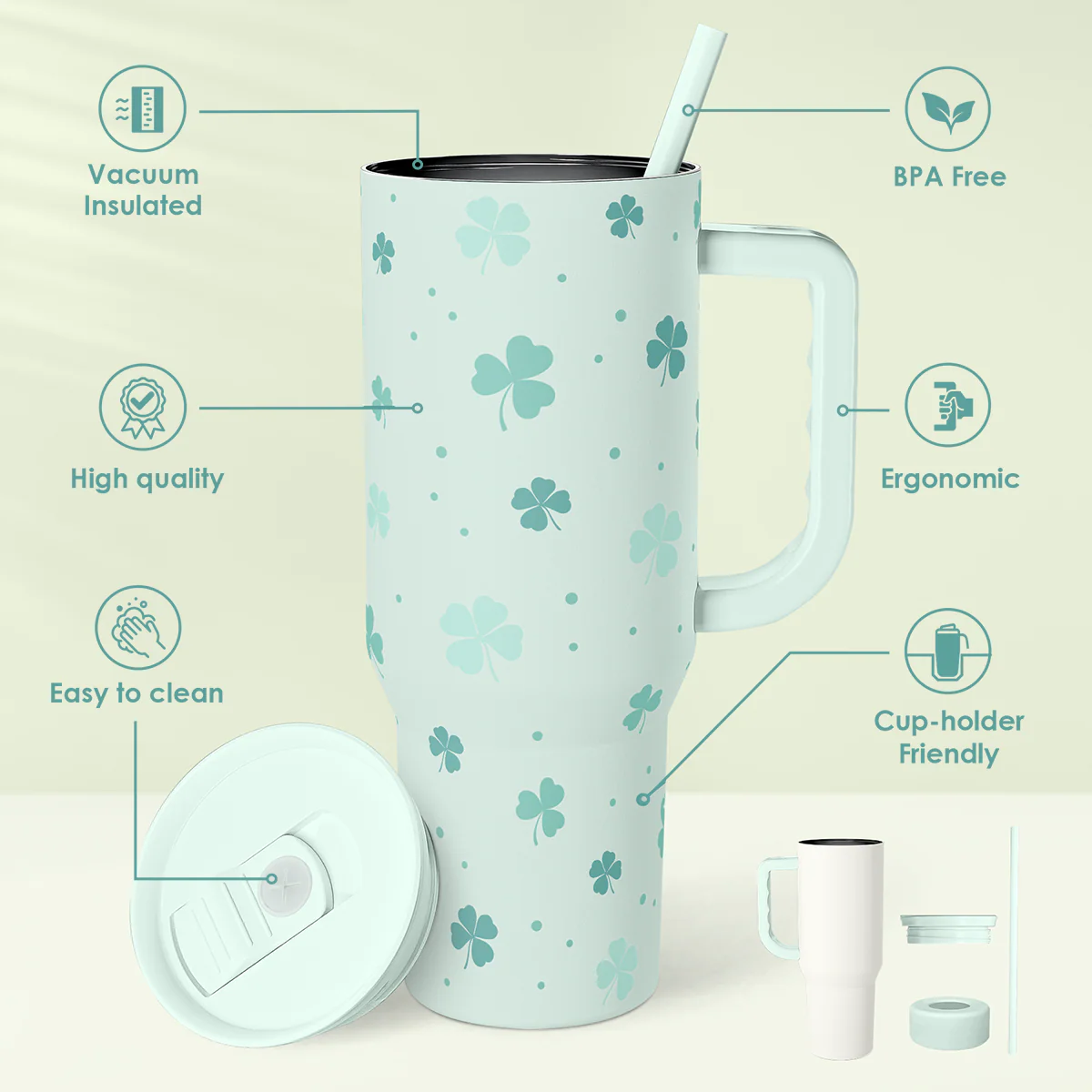 Shamrock St. Patrick's Day Tumbler with Handle &Straw - 40oz - Image 4