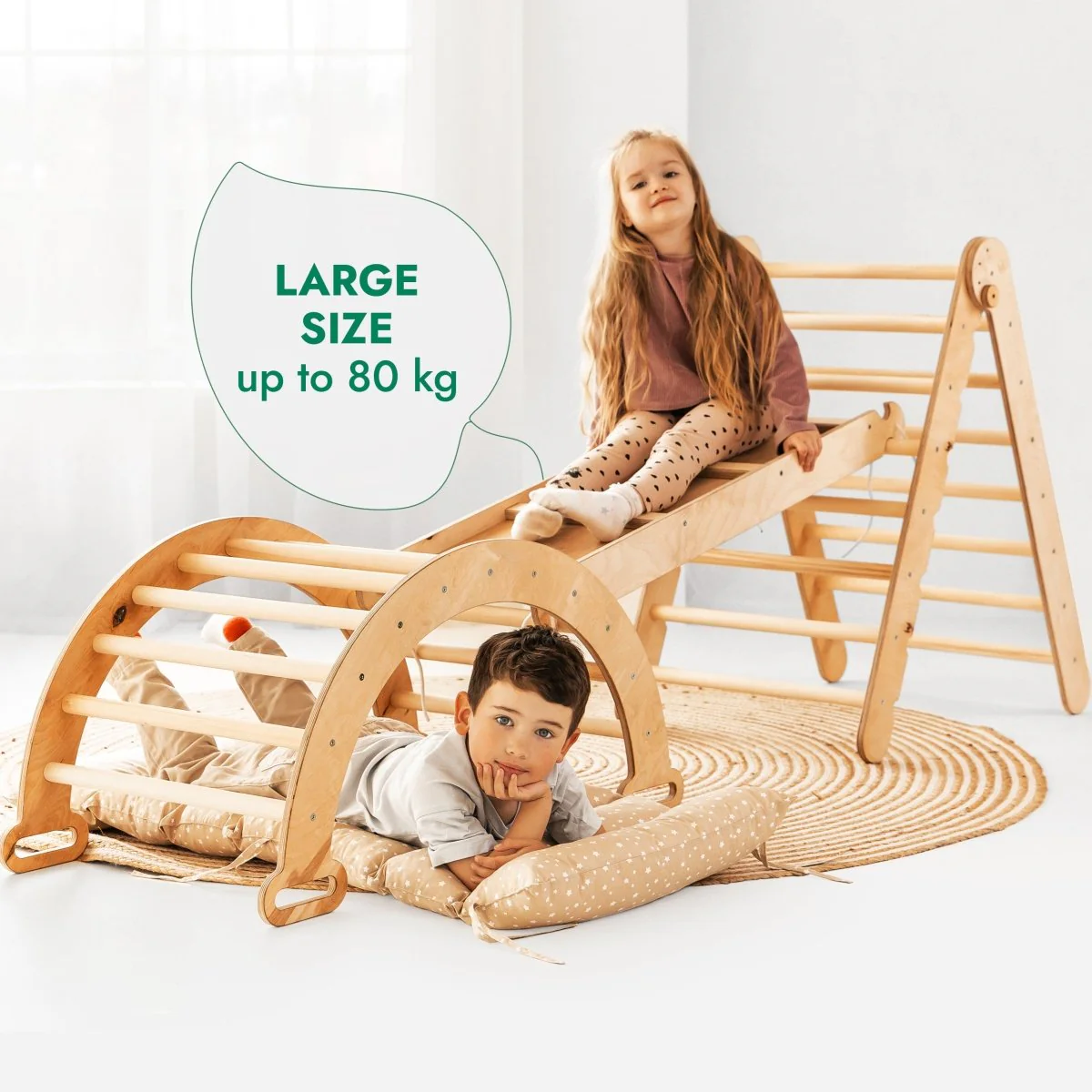 4in1 Montessori Climbing Set: Triangle Ladder + Climbing Arch + Slide Board & Cushion – Beige - Image 10