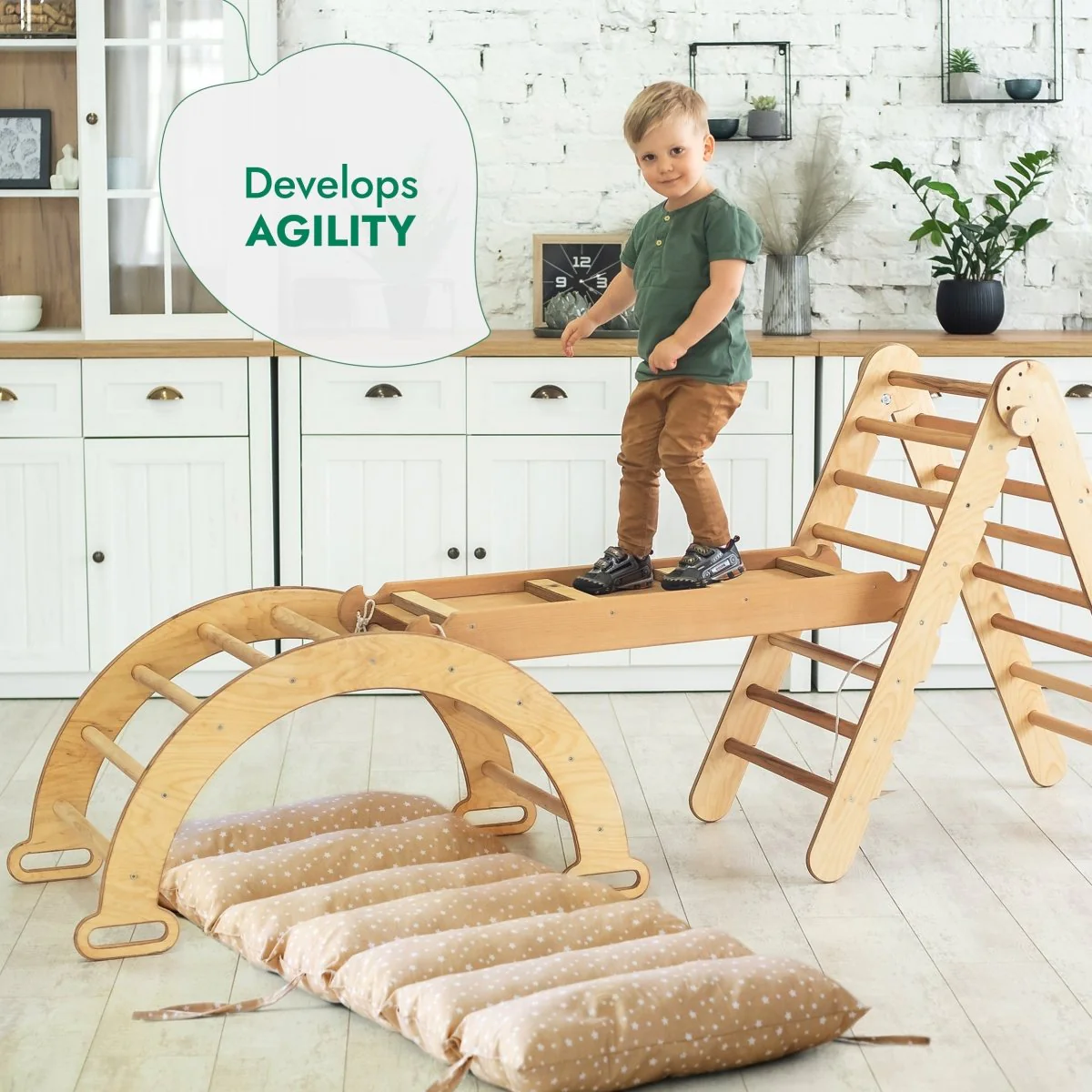4in1 Montessori Climbing Set: Triangle Ladder + Climbing Arch + Slide Board & Cushion – Beige - Image 8