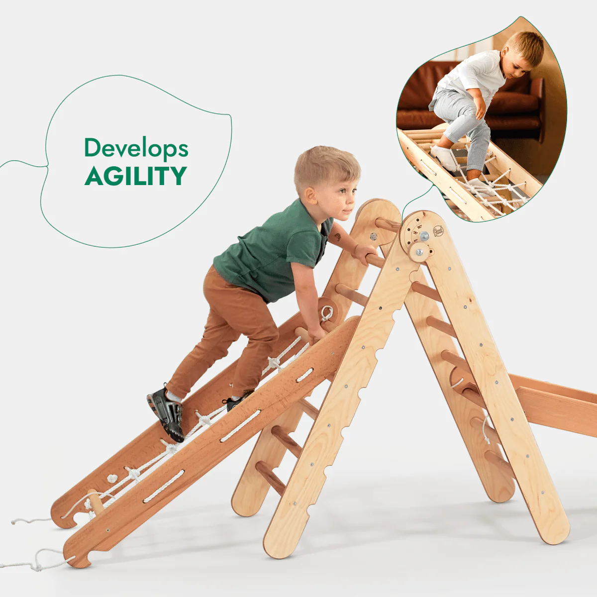 4-in-1 Montessori Climbing Set: Triangle Ladder + Climbing Arch + Slide Board + Net – Beige - Image 3
