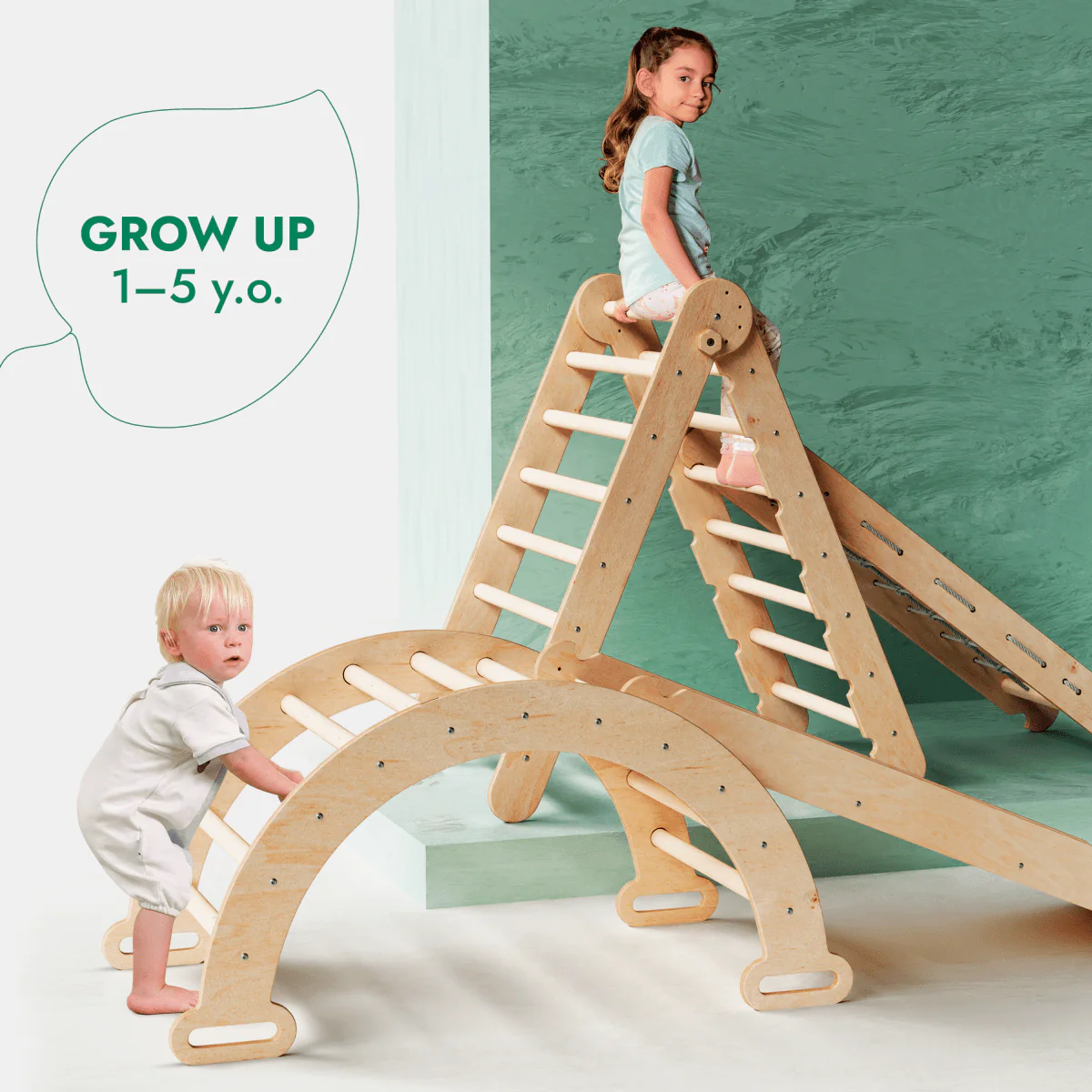 4-in-1 Montessori Climbing Set: Triangle Ladder + Climbing Arch + Slide Board + Net – Beige - Image 5