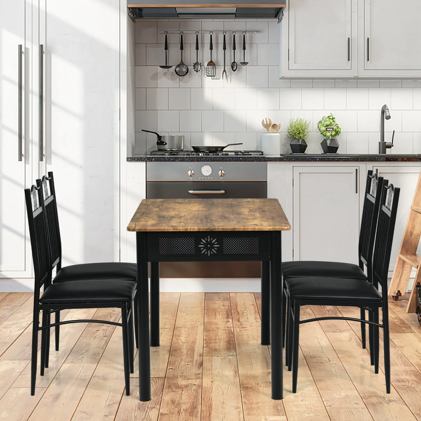 5 Piece Dining Set, Table and 4 Chairs with Cushions - Black - Image 2