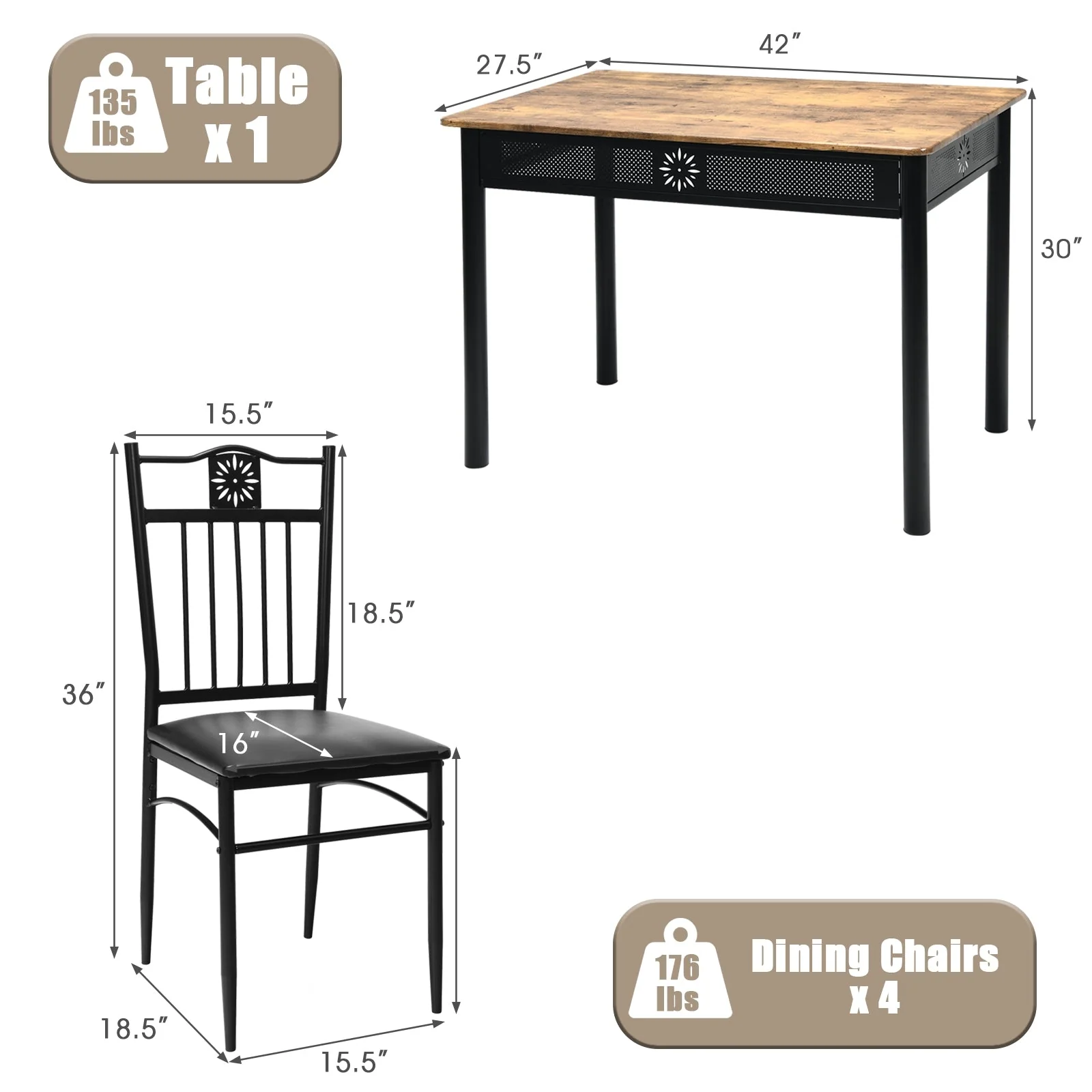 5 Piece Dining Set, Table and 4 Chairs with Cushions - Black - Image 6