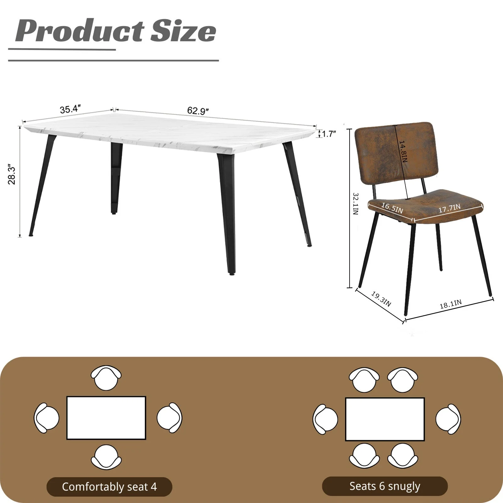 5-Piece Dining Set – Faux Marble Table with Brown Suede Chairs | Industrial & Stylish by 39F INC. - Image 3