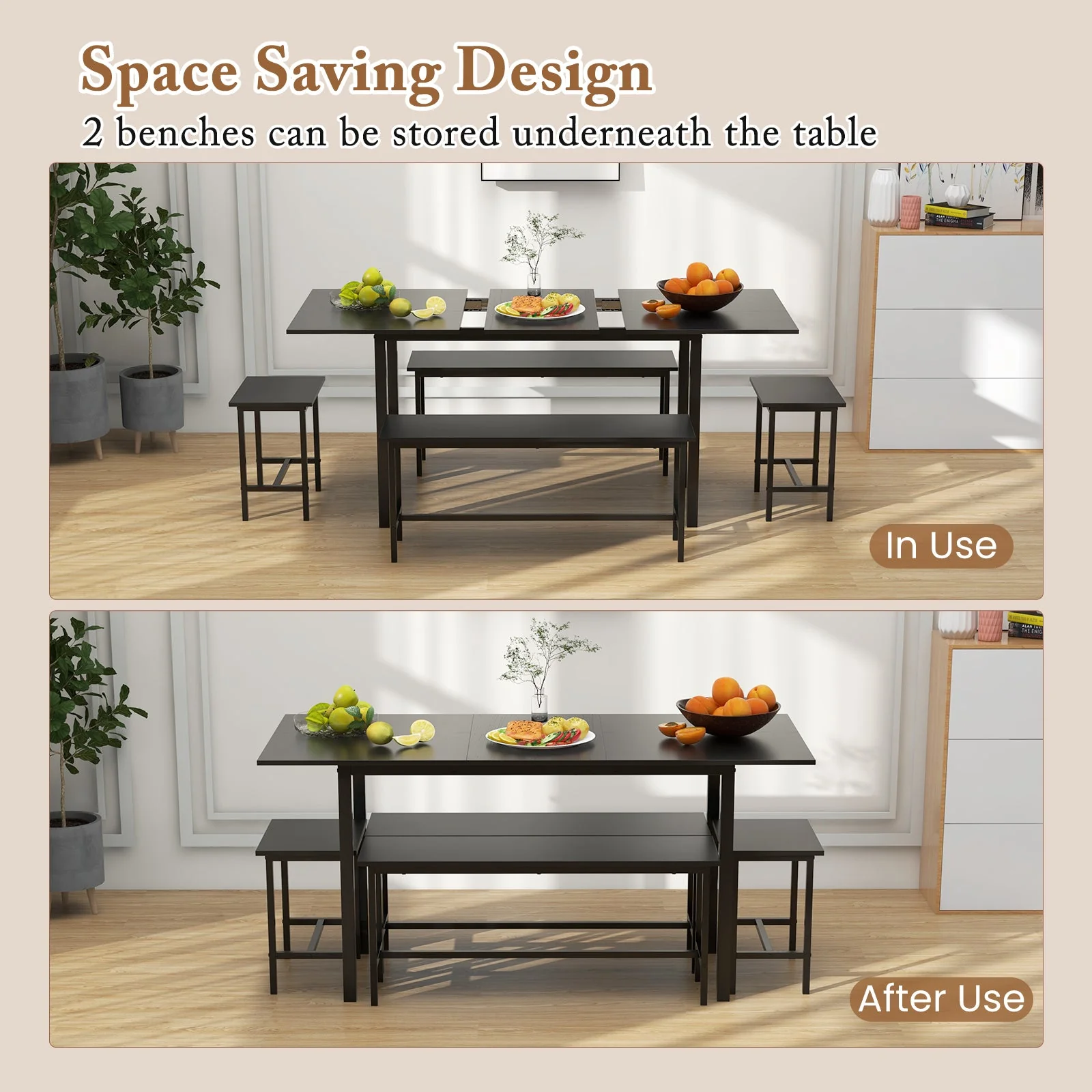 5 Piece Dining Table Set for 4-6 with 2 Benches & 2 Stools - Black - Image 4