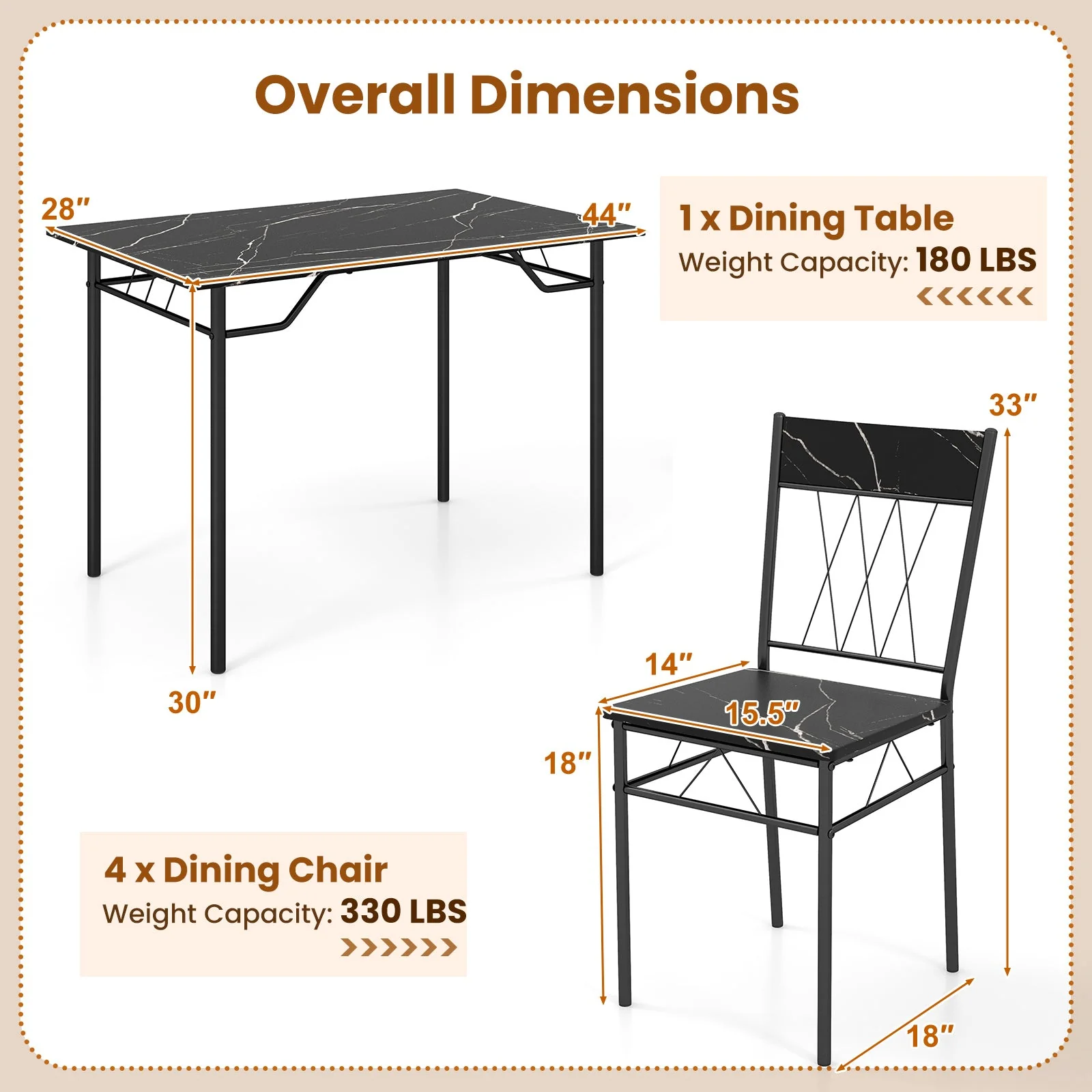 5-Piece Dining Table Set for 4 with 4 Dining Chairs - Black - Image 5