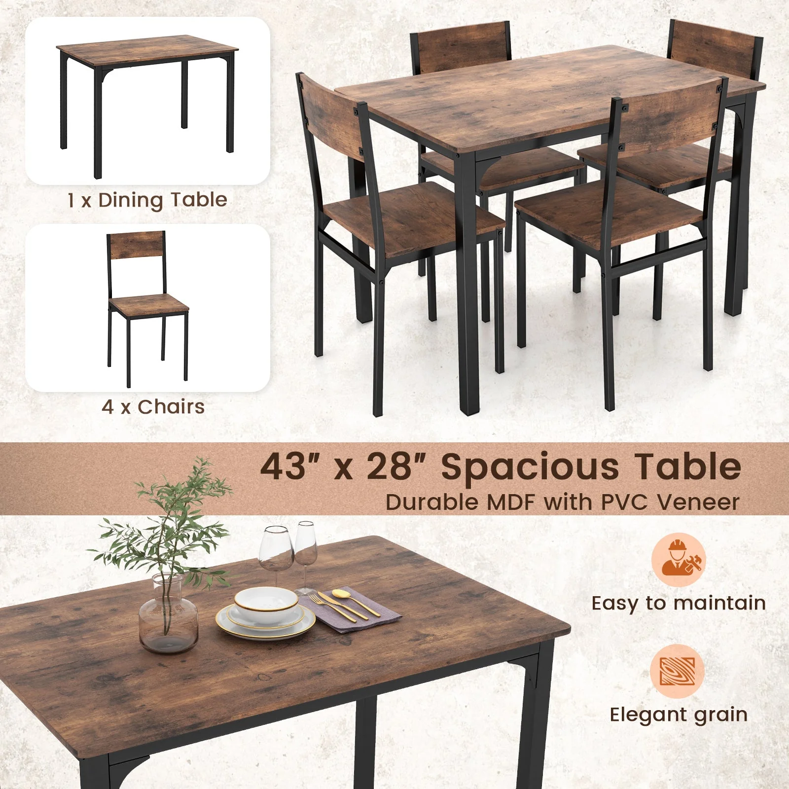 5 Piece Dining Table Set Industrial Style for 4 - Rustic Brown - Image 7