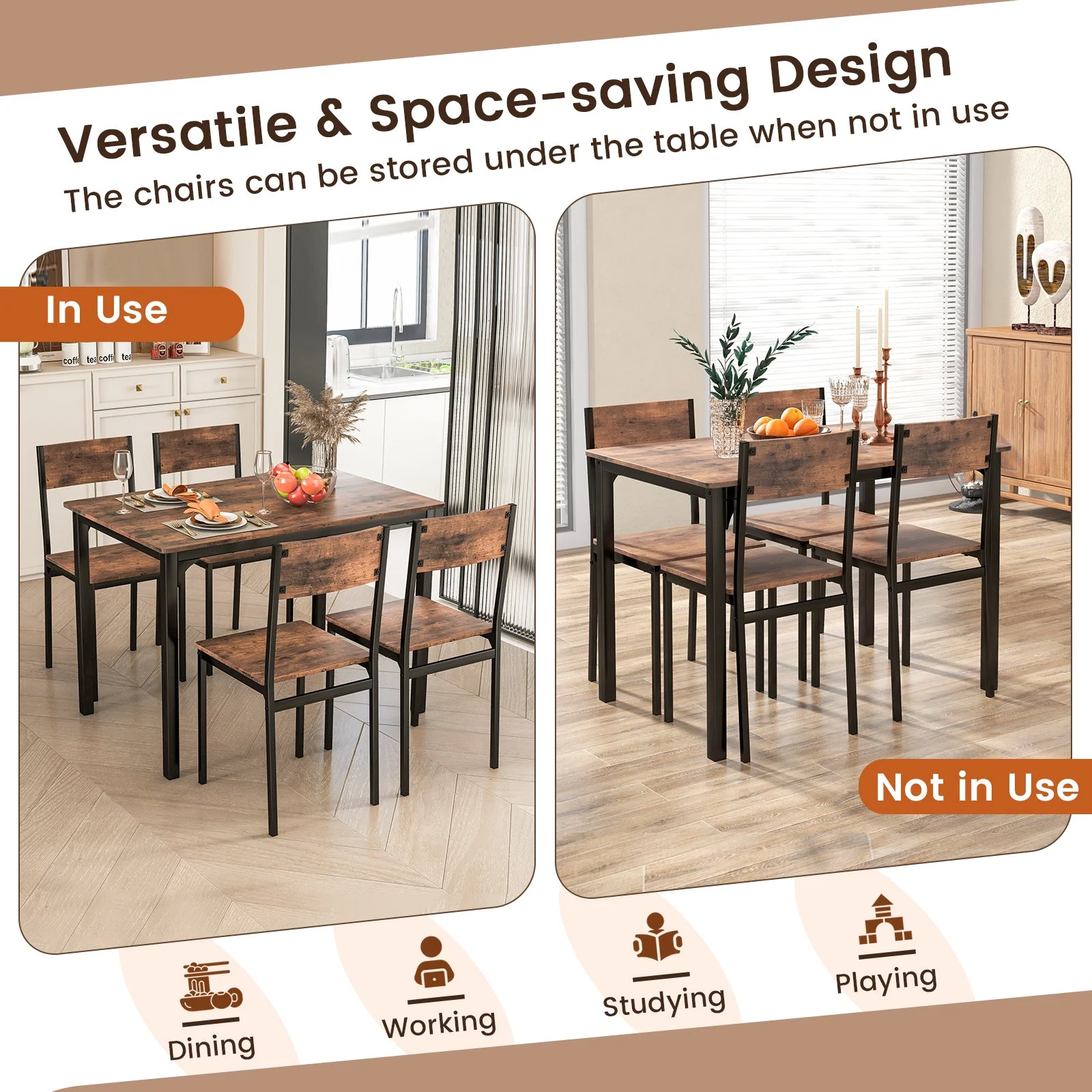 5 Piece Dining Table Set Industrial Style for 4 - Rustic Brown - Image 8