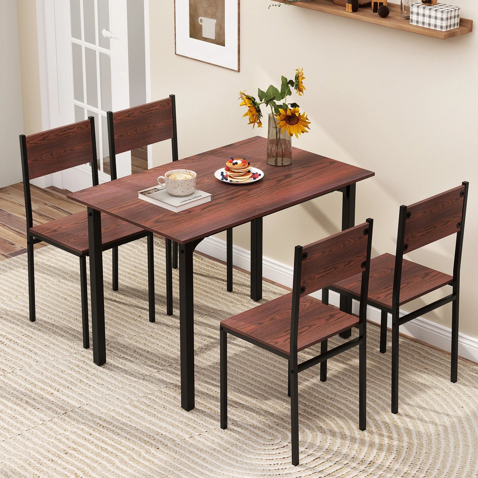 5 Piece Dining Table Set Industrial Style - Walnut - Image 3