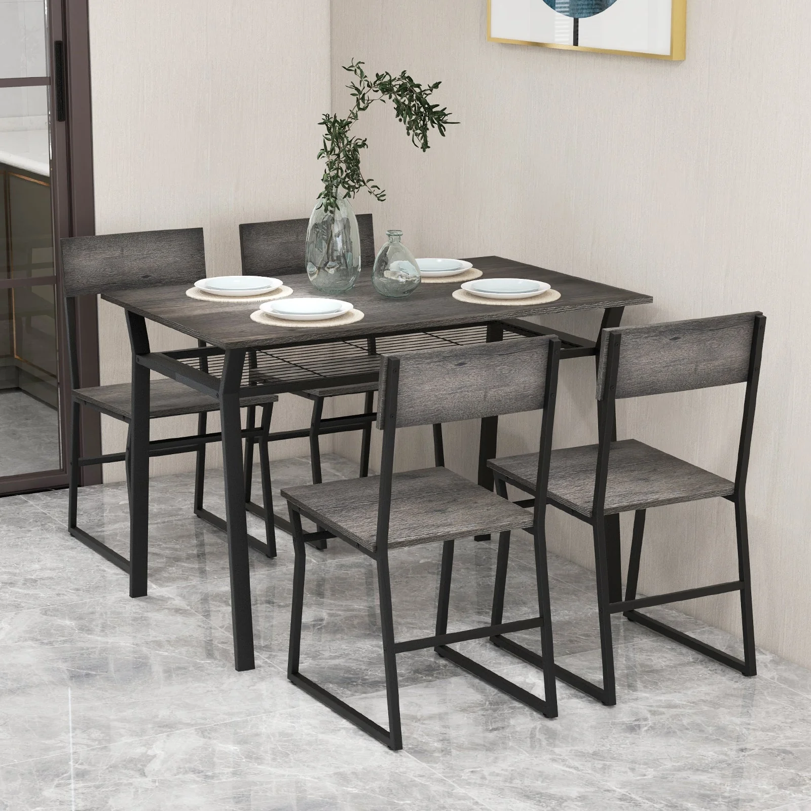 5 Piece Dining Table Set with Storage Rack - Gray - Image 6