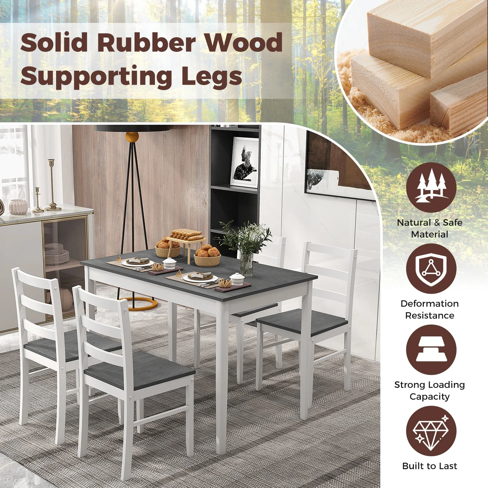5-Piece Wooden Dining Set with 4 Chairs - Gray - Image 6