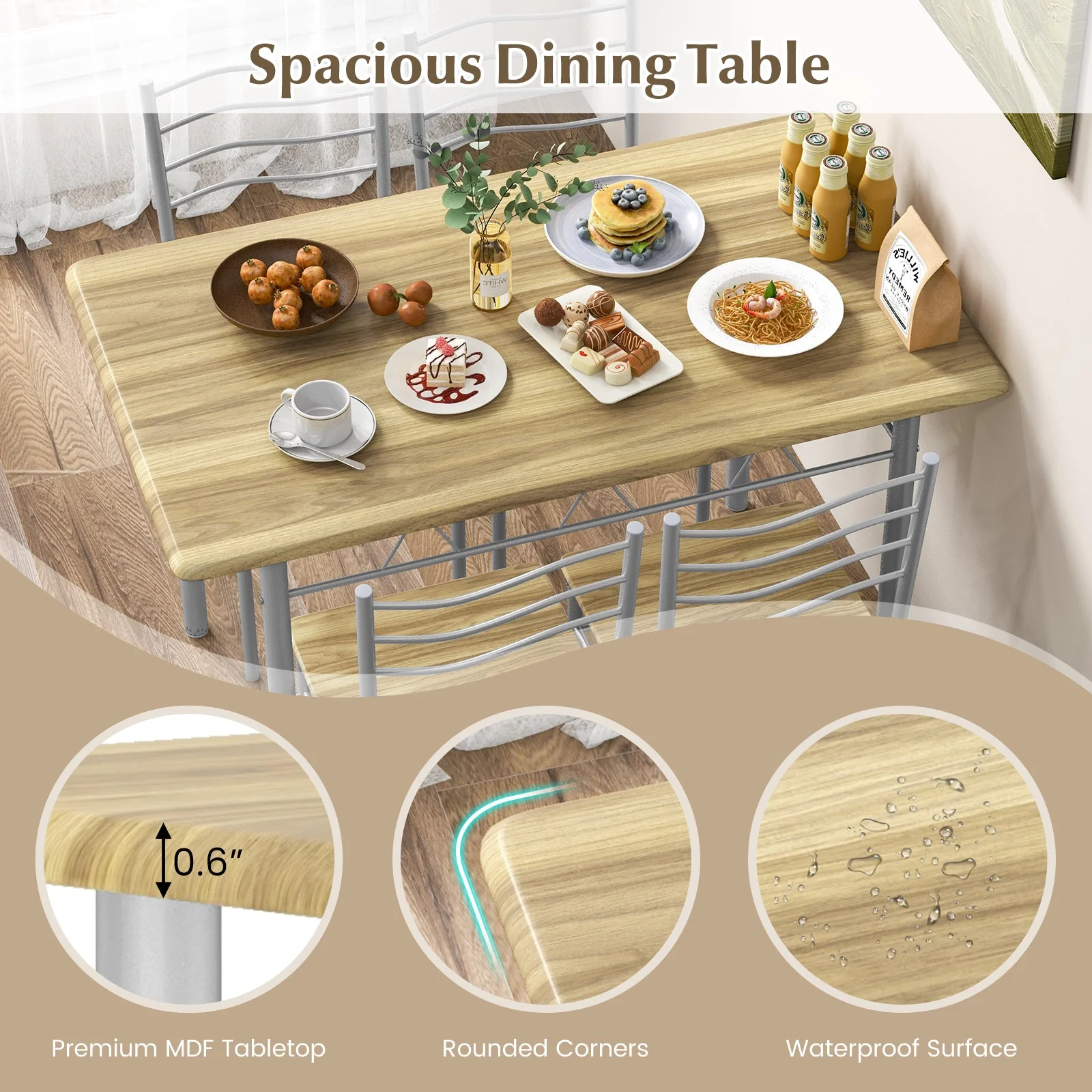 5 Pieces Wood Metal Dining Table Set with 4 Chairs - Walnut - Image 6