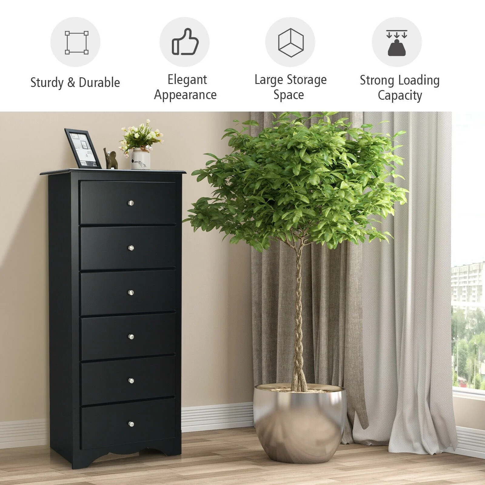 6 Drawers Chest Dresser - Black - Image 8