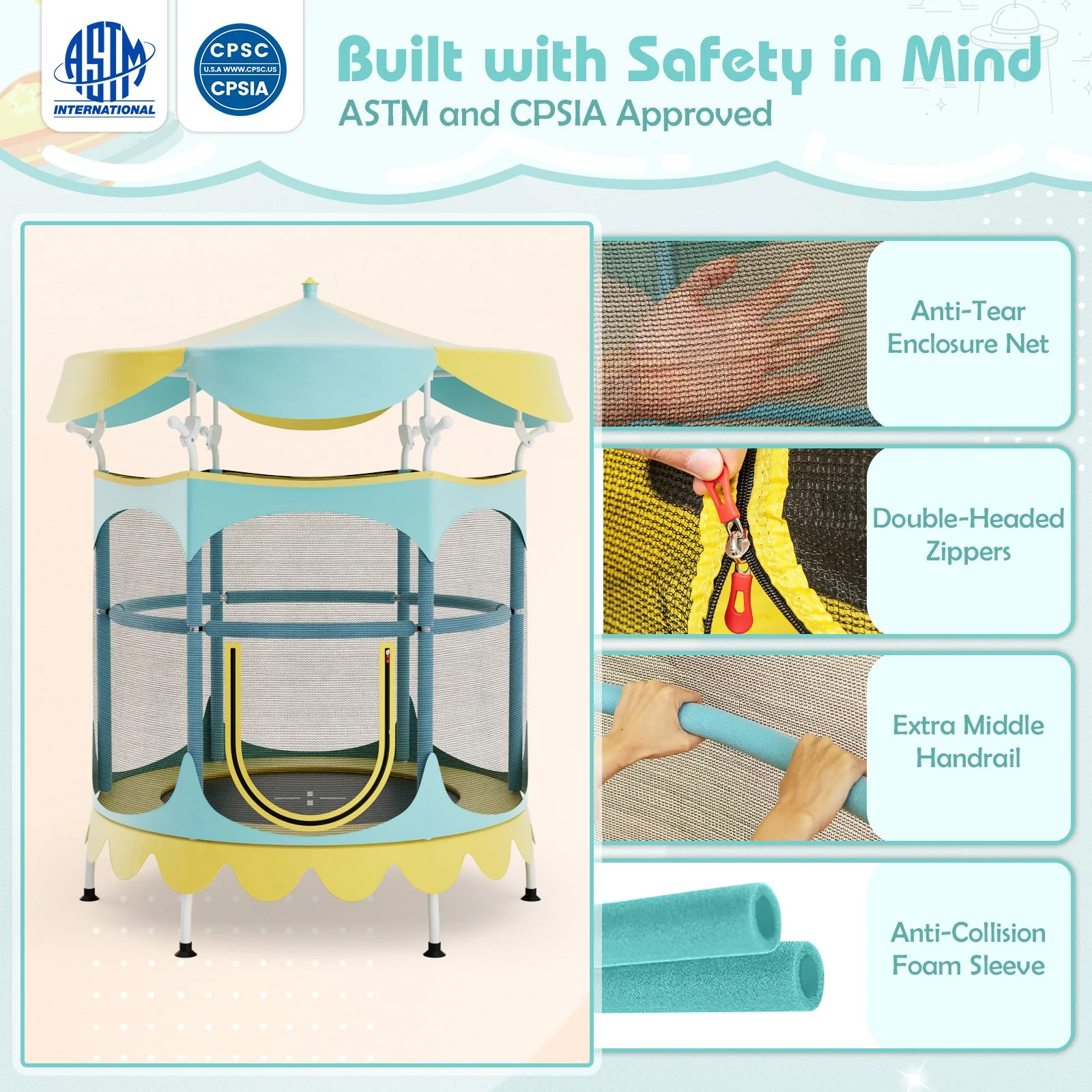 64 Inch Kids Trampoline with Detachable Canopy and Safety Enclosure Net-Yellow - Image 2