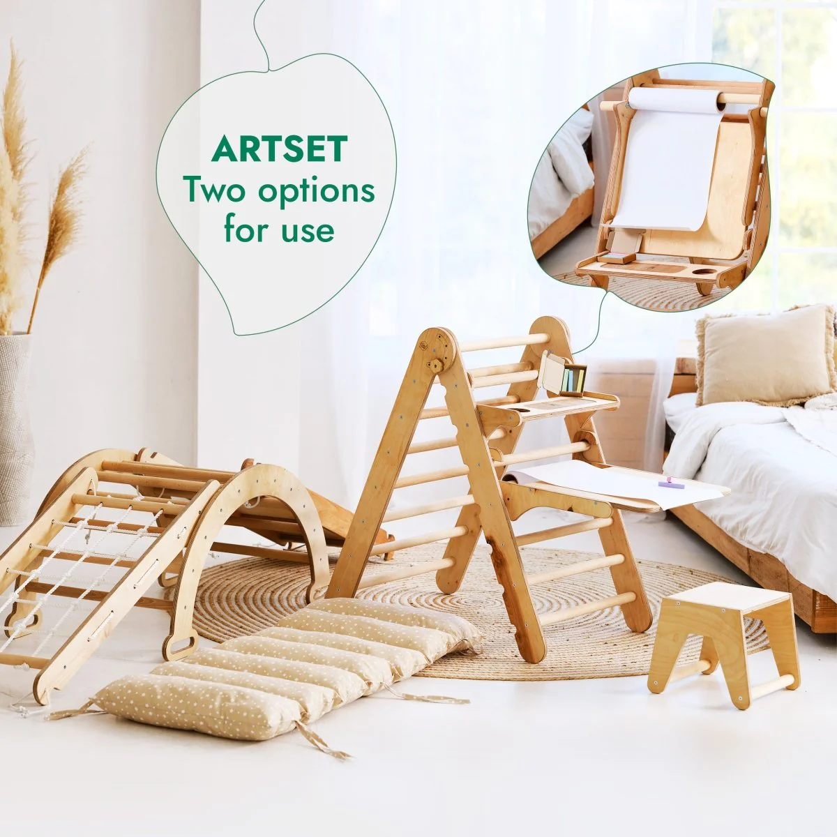 6-in-1 Montessori Climbing Set: Triangle Ladder + Arch/Rocker + Slide/Ramp + Net + Cushion + Art Addition - Image 3