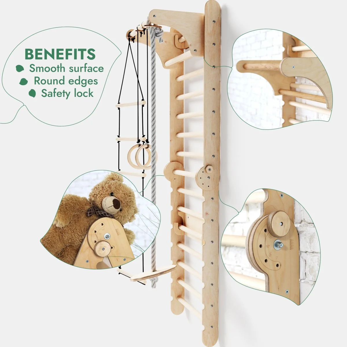 6-in-1 Wooden Swedish Wall / Climbing ladder for Children + Swing Set + Slide Board - Image 6