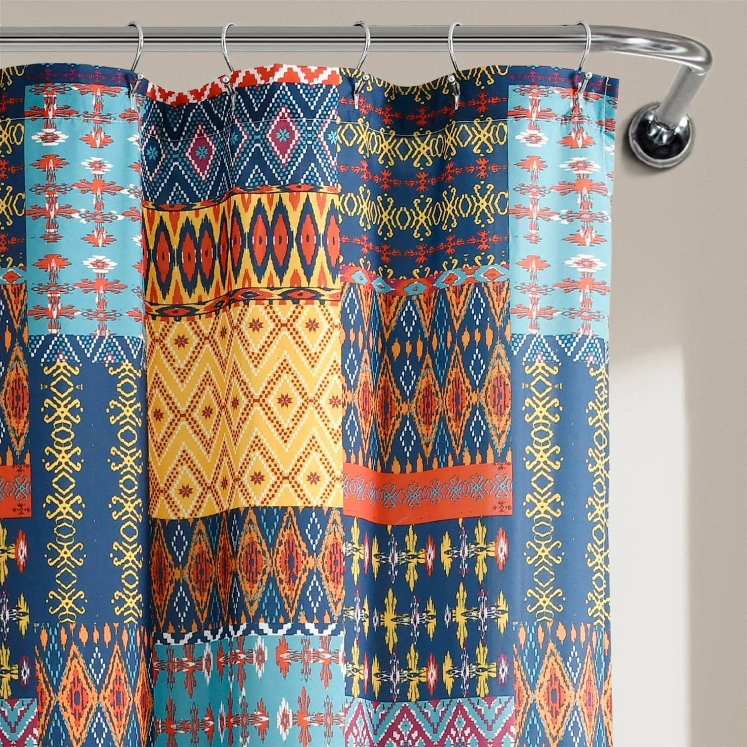 72-inch Navy Blue Orange Yellow Teal Boho Patchwork Polyester Shower Curtain - Image 4