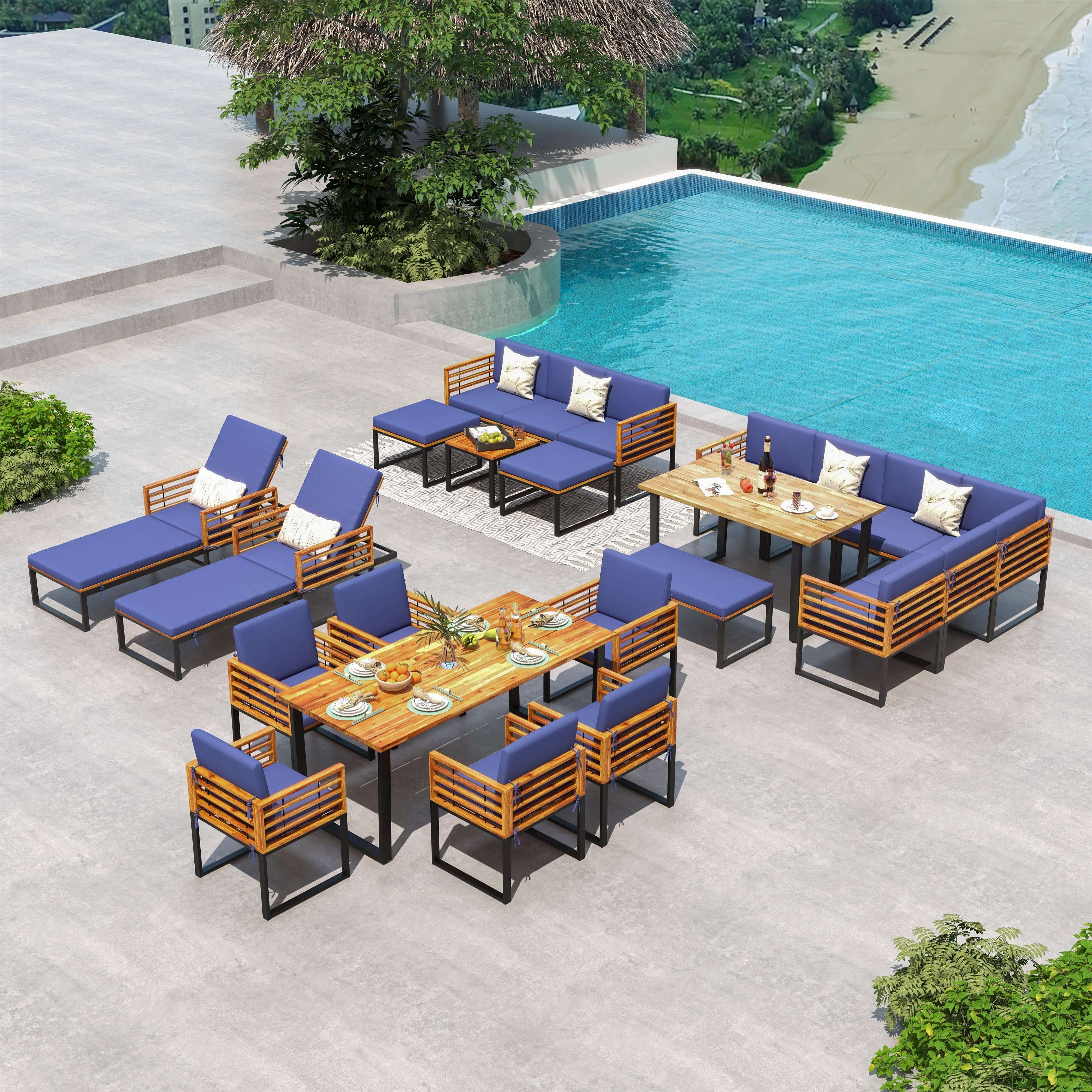 8 Pieces Patio Acacia Wood Dining Table Set with Ottoman - Navy - Image 6