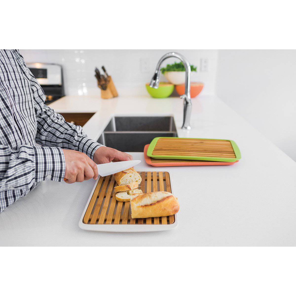 Bamboo Wood Cutting Board Lid w/ Drop-Through Crumb Spaces, White