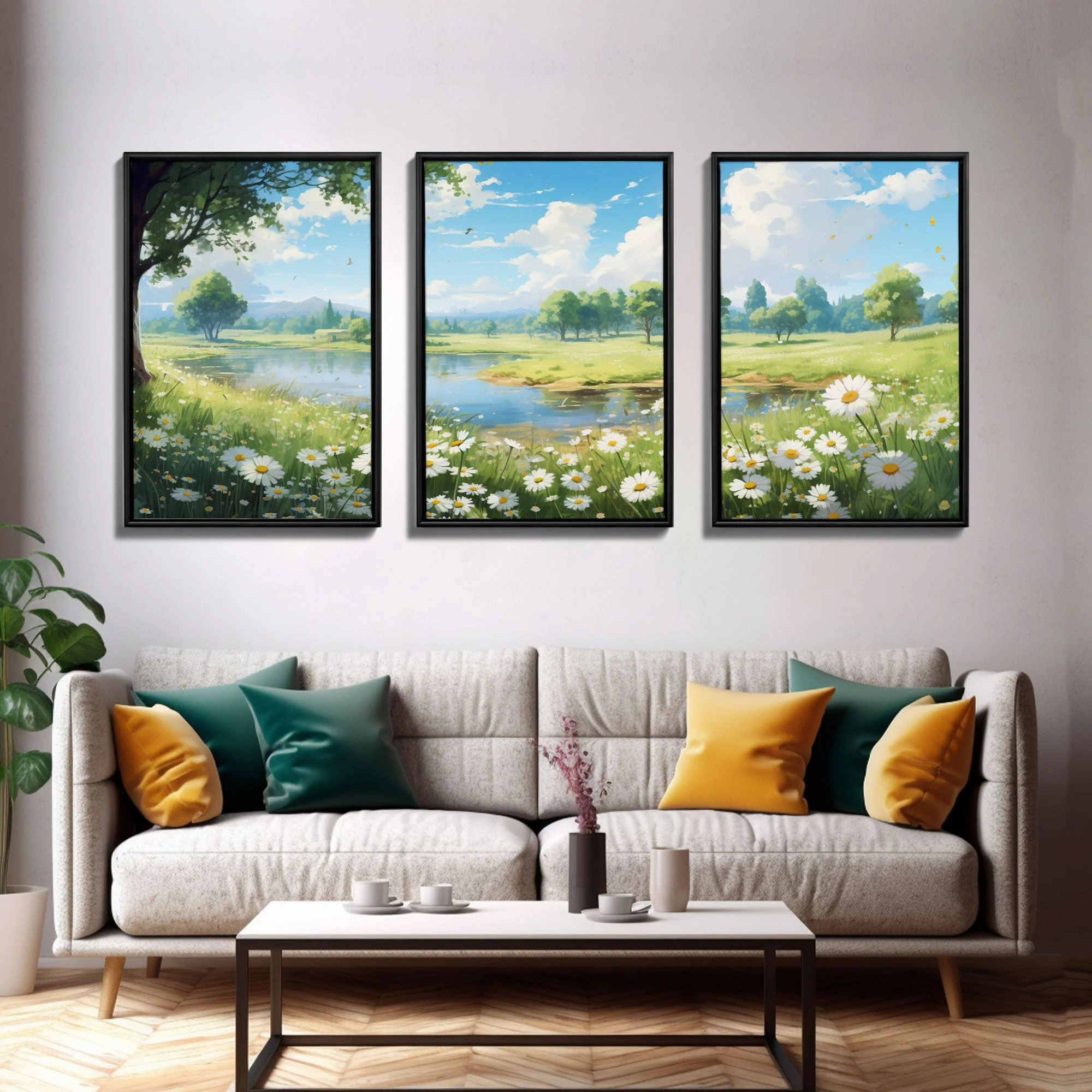 Beautiful Spring Meadow Landscape Painting 3 Piece Set, Wall Art - Image 11