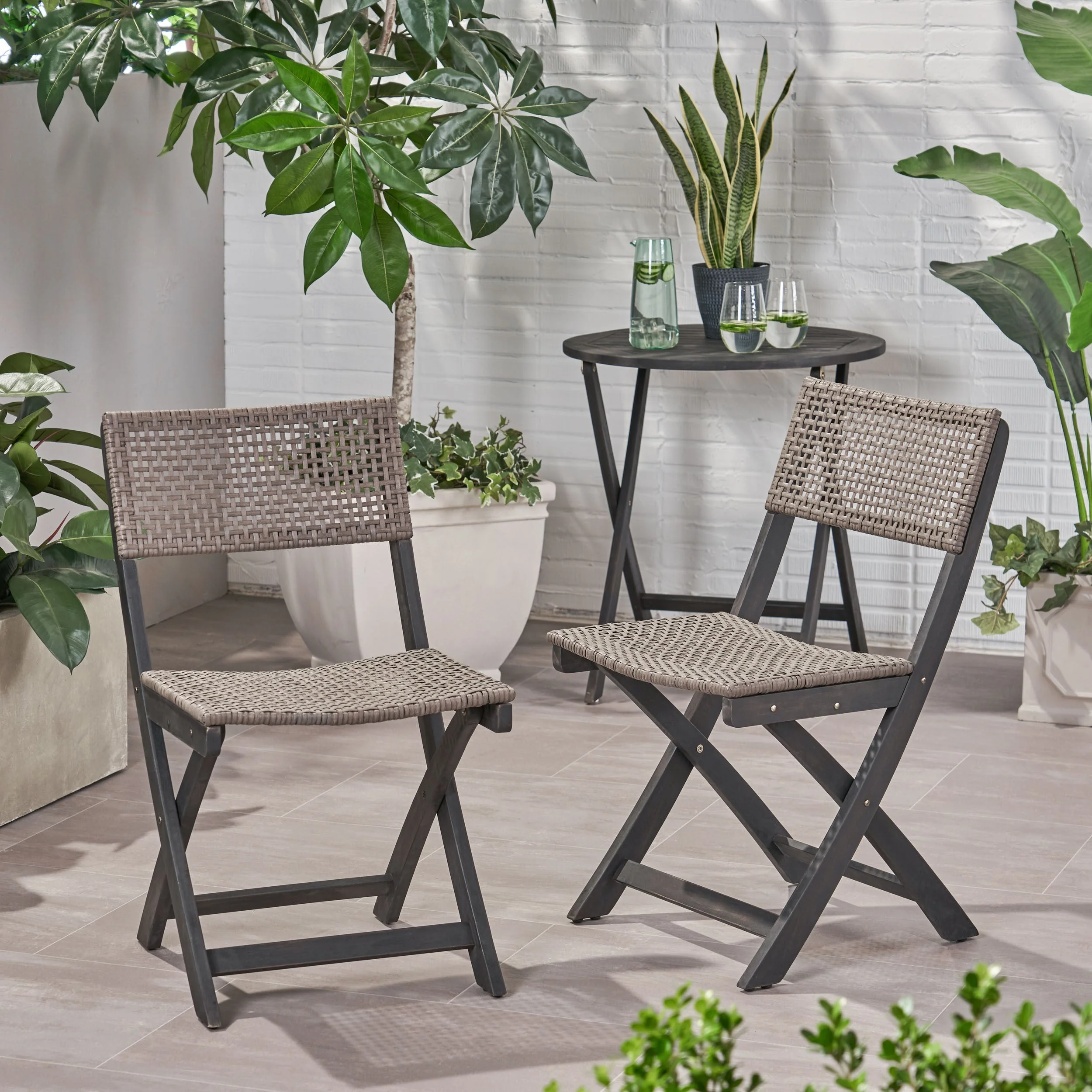 Bistro Foldable Chair with Wicker Backrest, Set of 2, Grey and Brown - Image 4