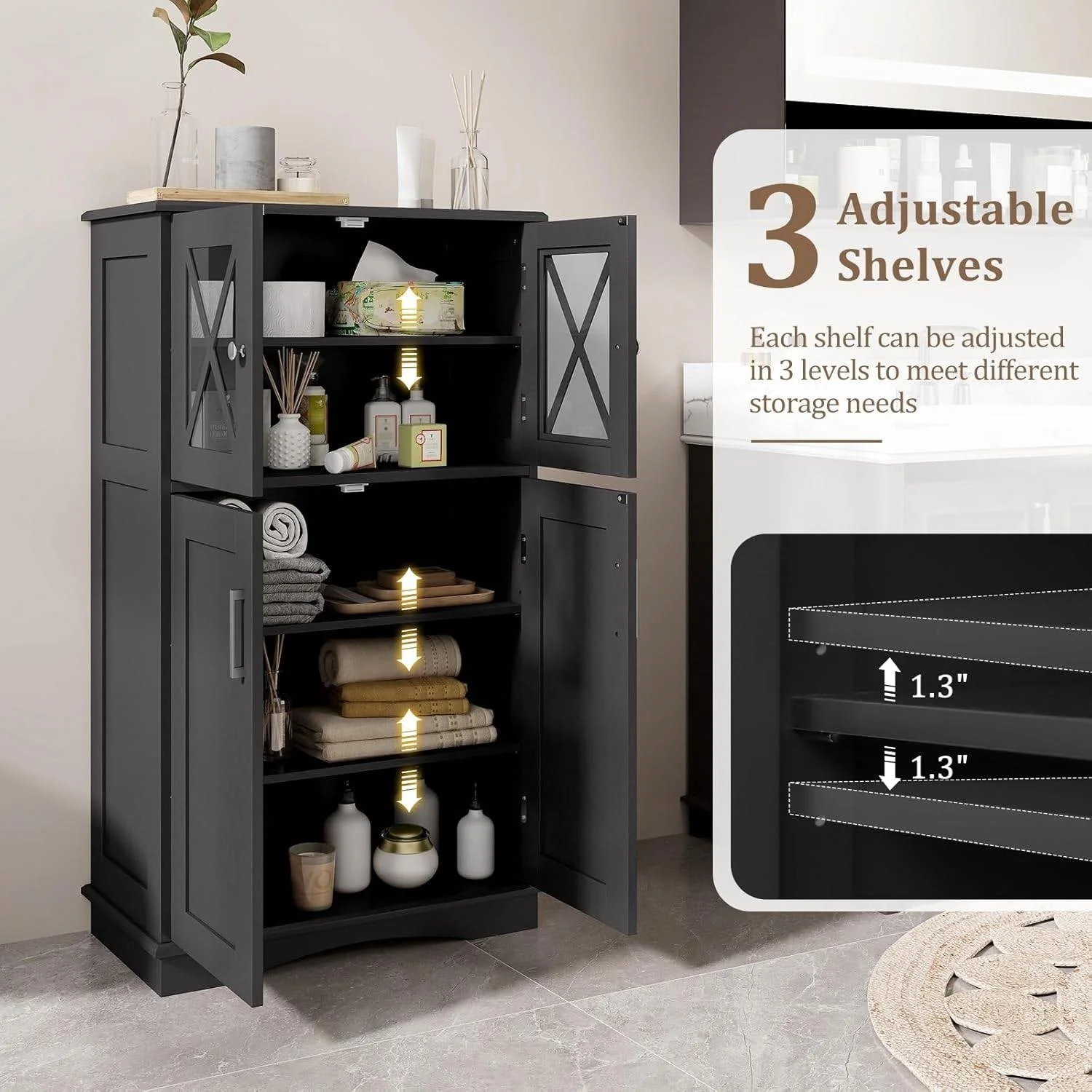 Black Bathroom Towel Linen Cabinet with Glass Doors and Storage Shelves - Image 4