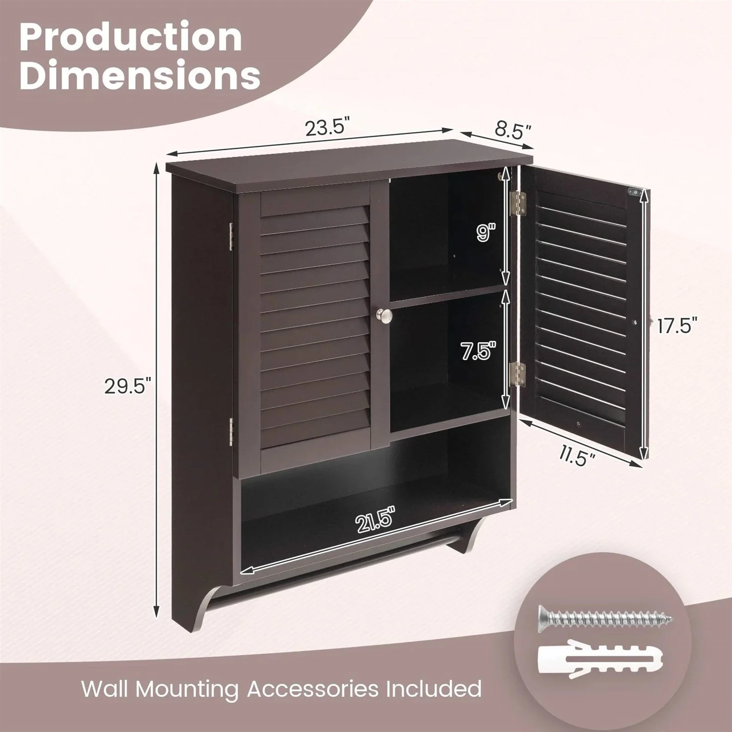 Brown Wall-Mounted Bathroom Medicine Cabinet with Louver Doors and Towel Bar - Image 5