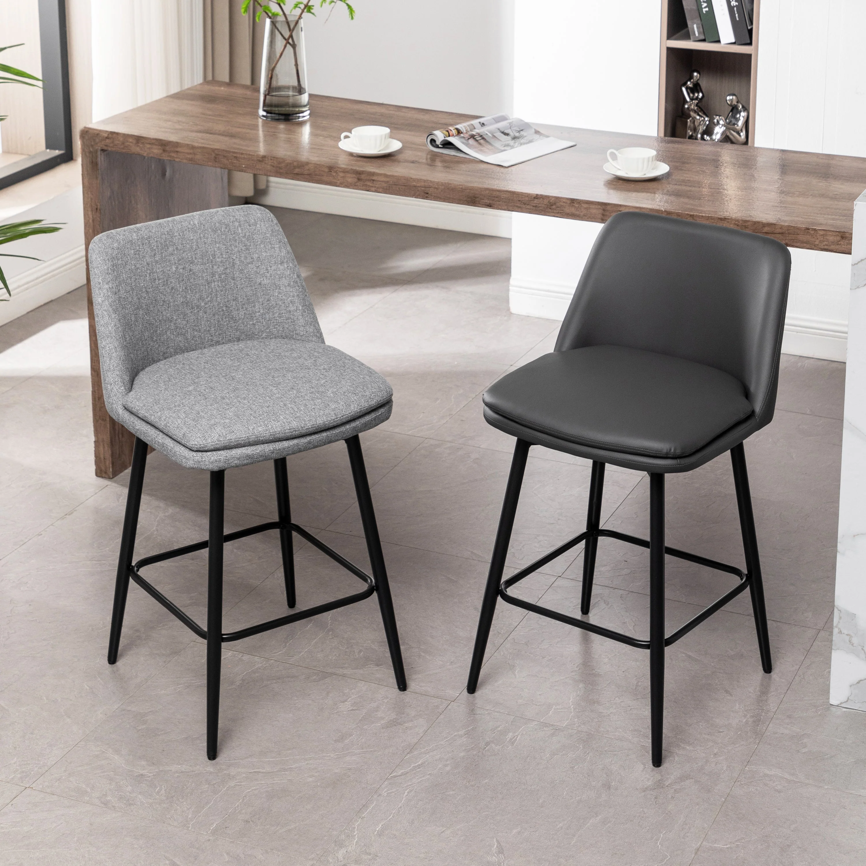 Counter Height Swivel Bar Stools Set of 2 with Metal Legs, Faux Leather, Grey - Image 11